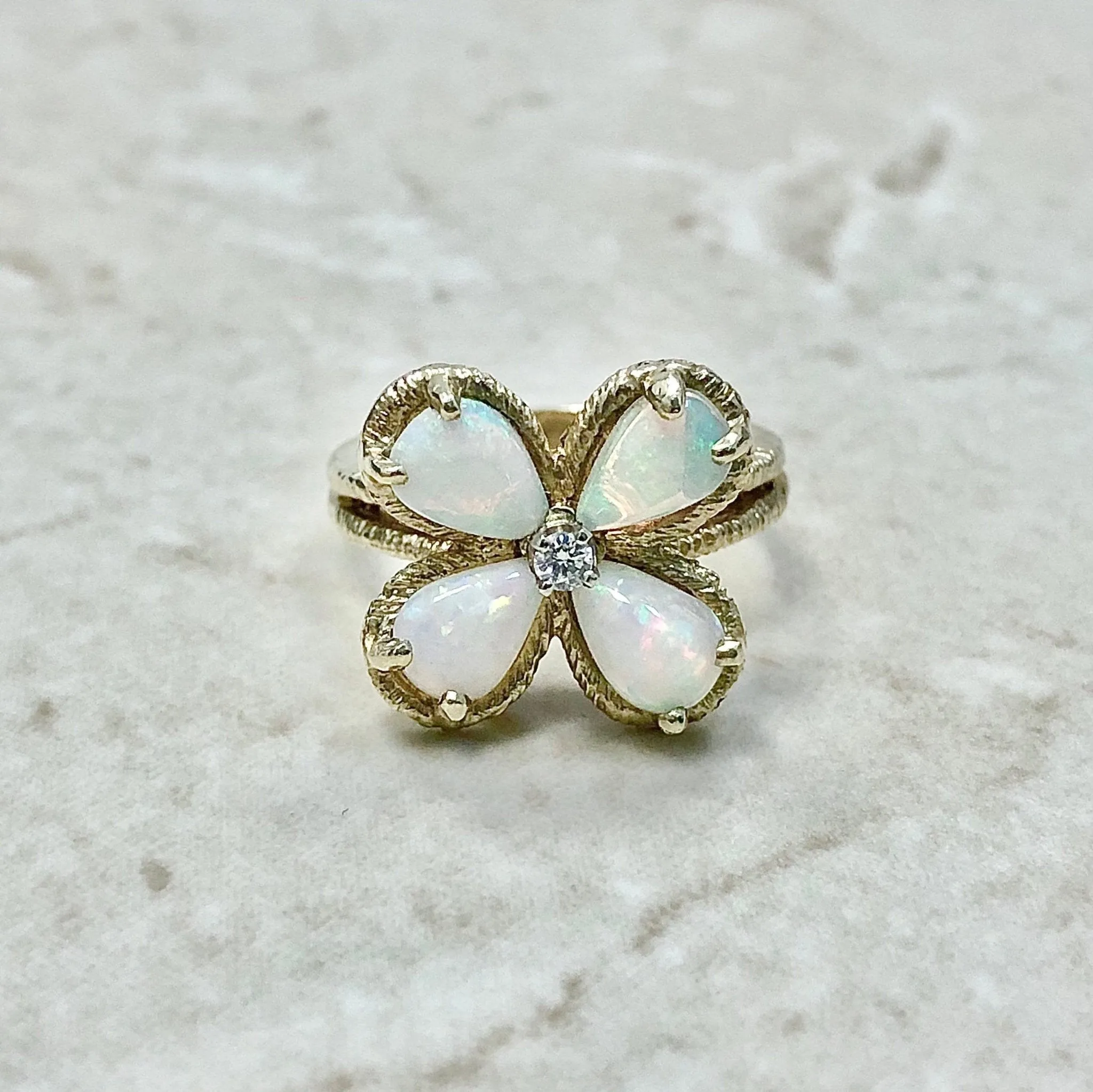 Vintage 14 Karat Yellow Gold Natural Opal & Diamond Quatrefoil Ring