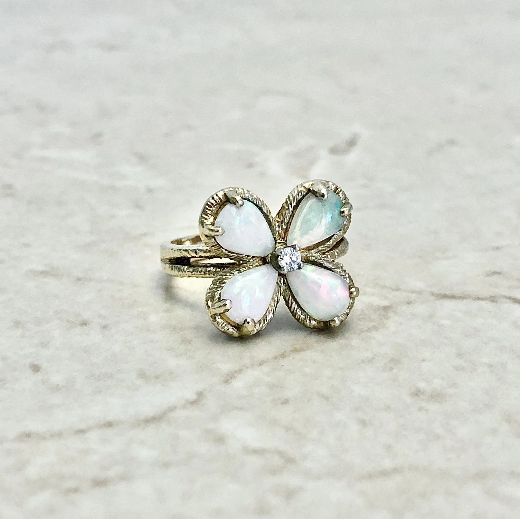 Vintage 14 Karat Yellow Gold Natural Opal & Diamond Quatrefoil Ring