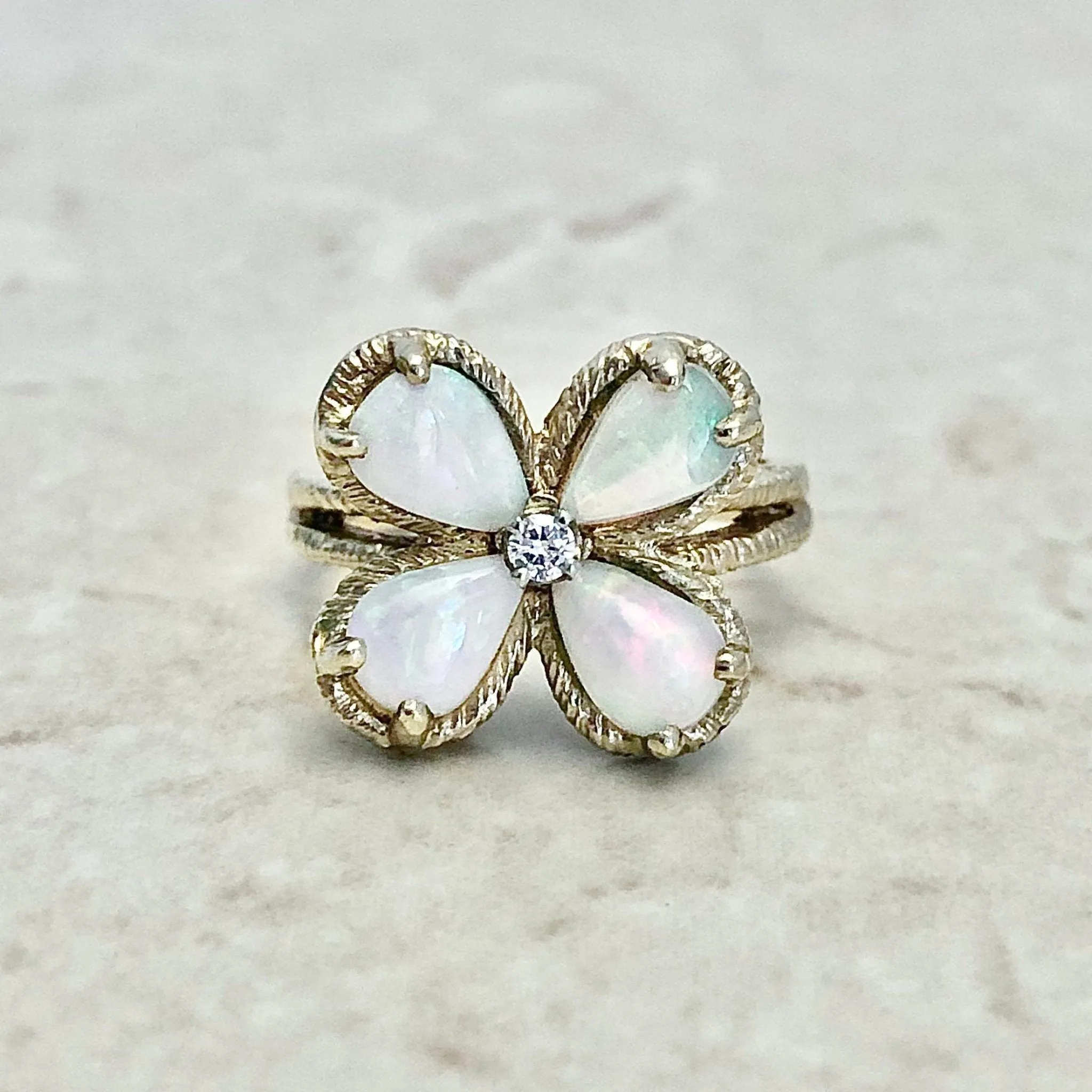 Vintage 14 Karat Yellow Gold Natural Opal & Diamond Quatrefoil Ring