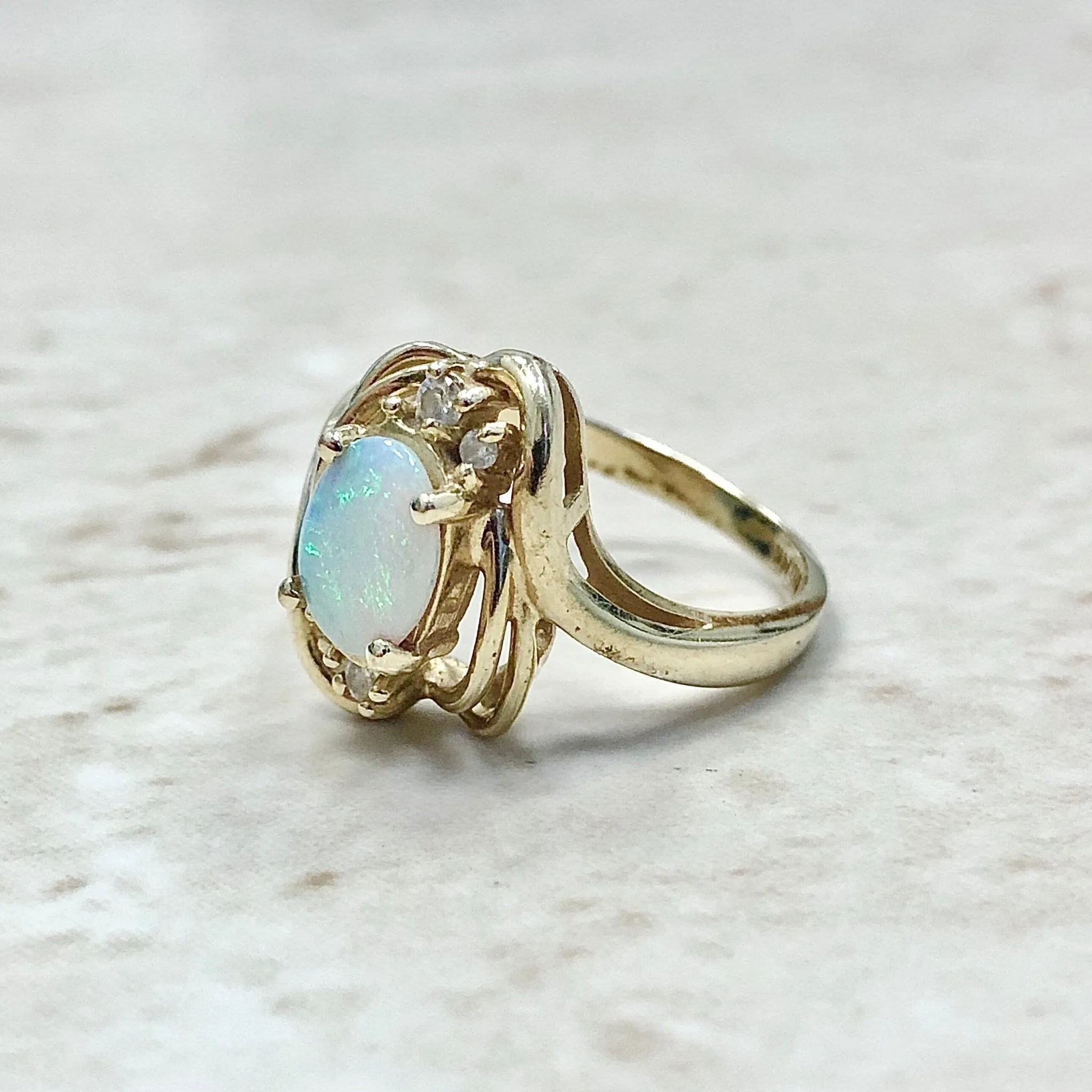 Vintage 14 Karat Yellow Gold Natural Opal & Diamond Solitaire Ring
