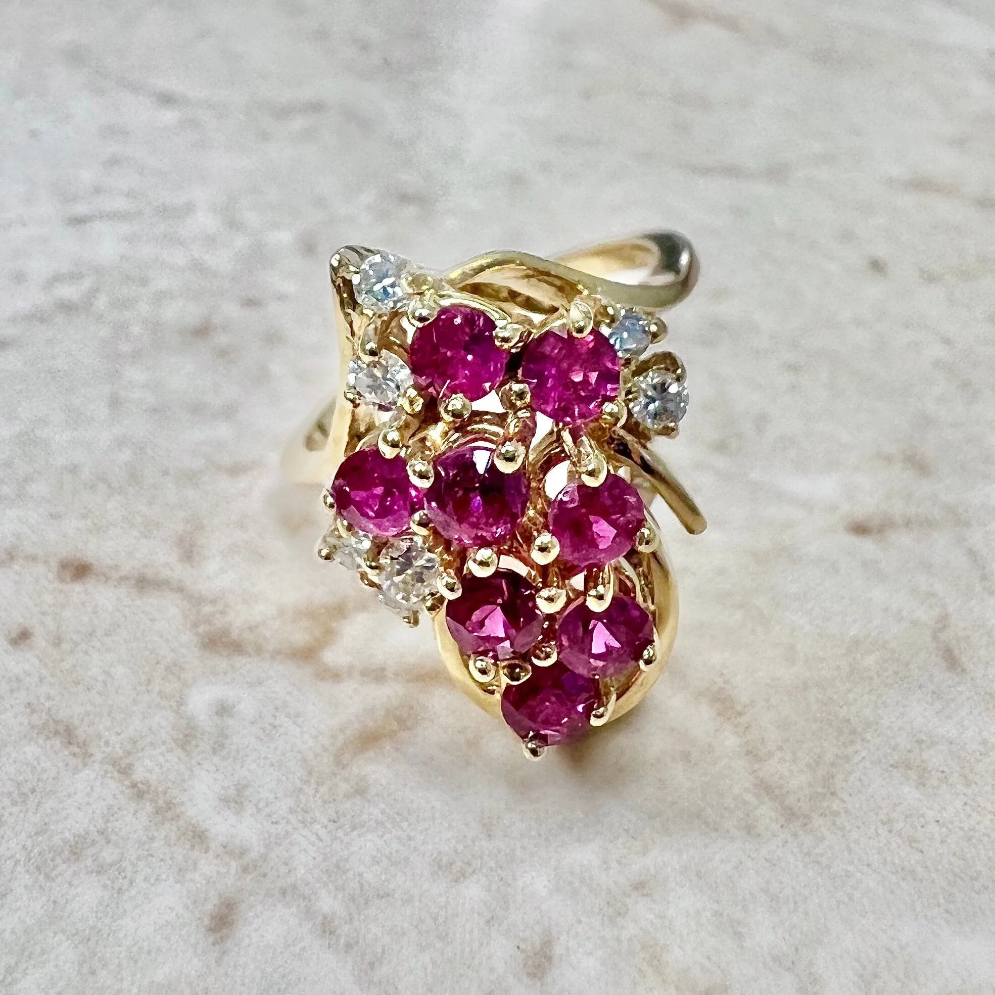 Vintage 14 Karat Yellow Gold Natural Ruby & Diamond Cocktail Ring