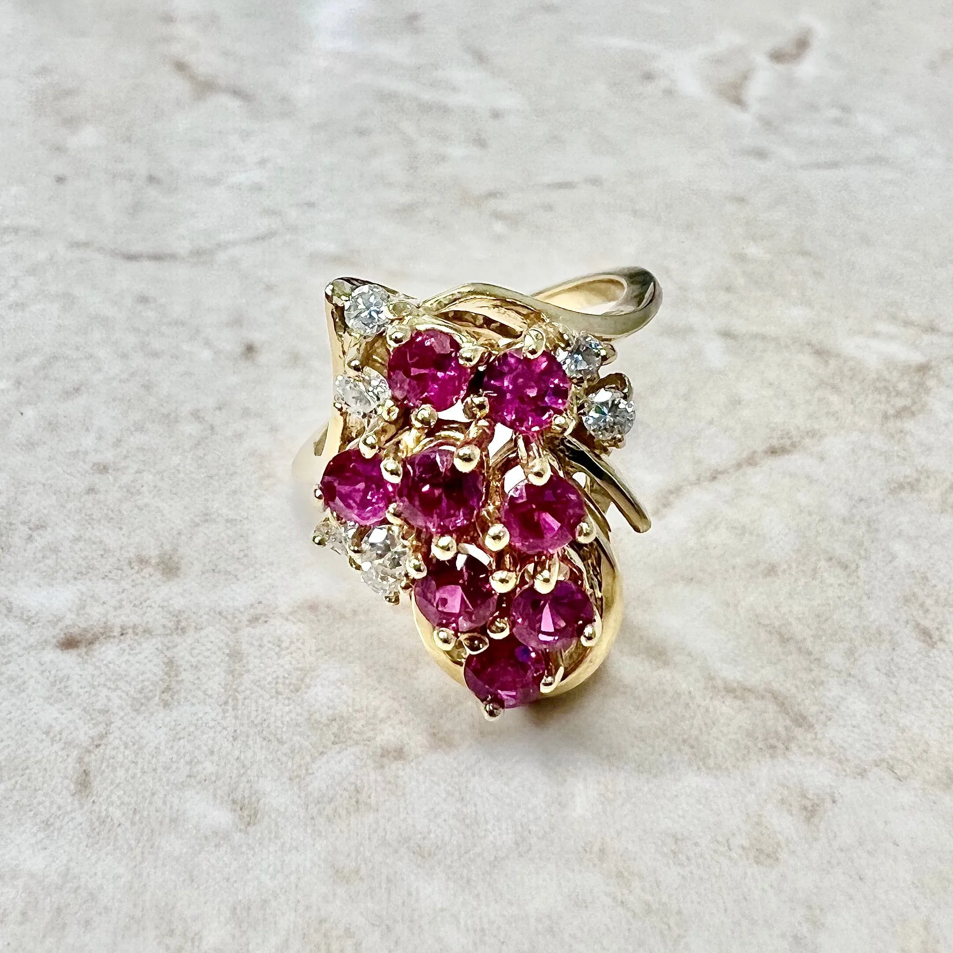 Vintage 14 Karat Yellow Gold Natural Ruby & Diamond Cocktail Ring