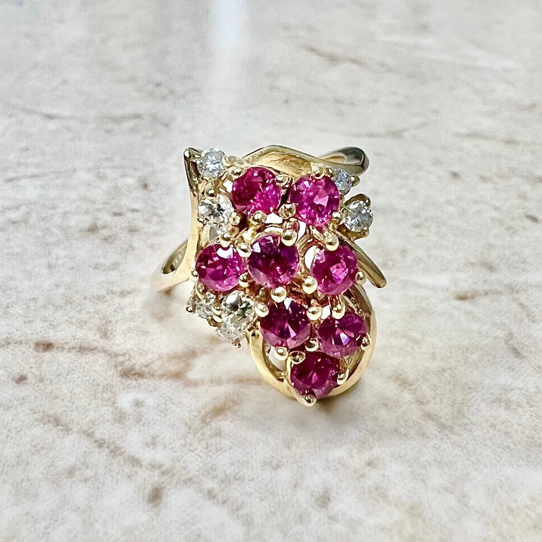 Vintage 14 Karat Yellow Gold Natural Ruby & Diamond Cocktail Ring