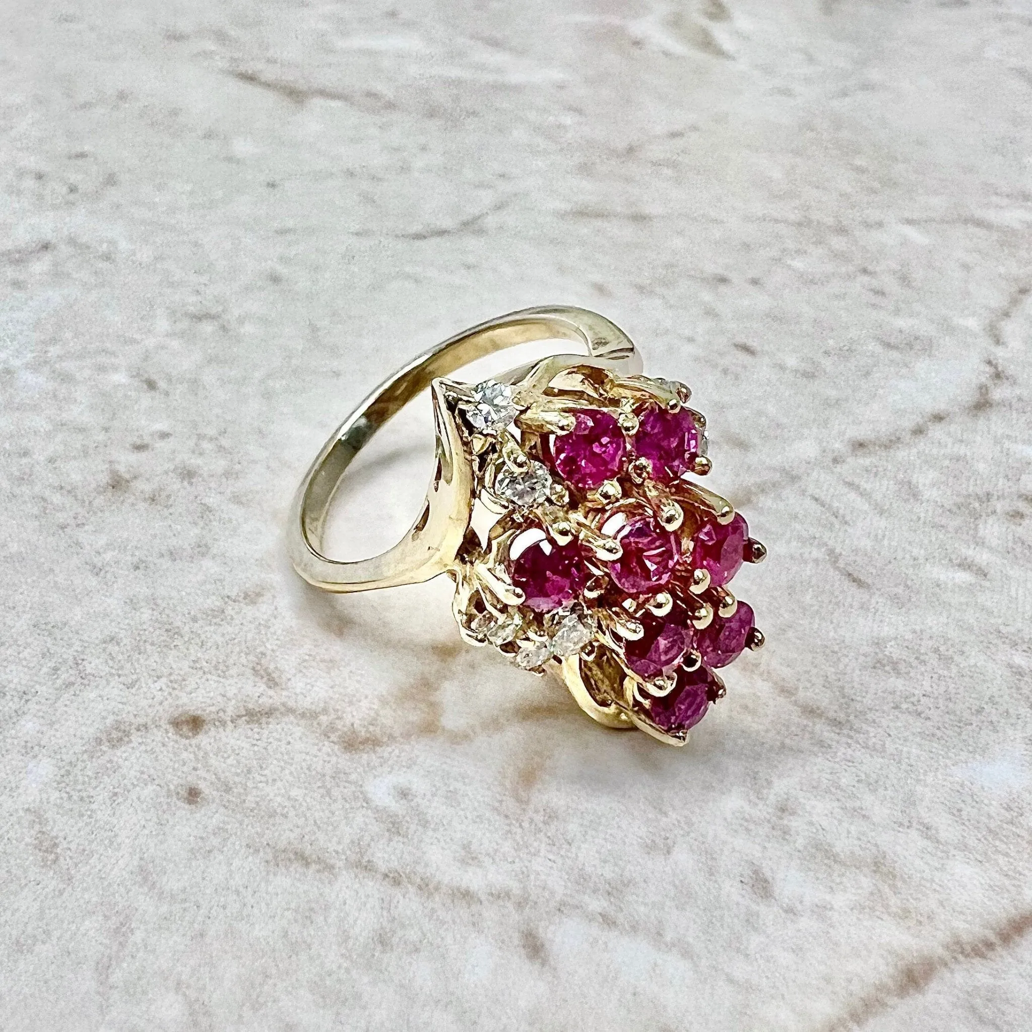 Vintage 14 Karat Yellow Gold Natural Ruby & Diamond Cocktail Ring