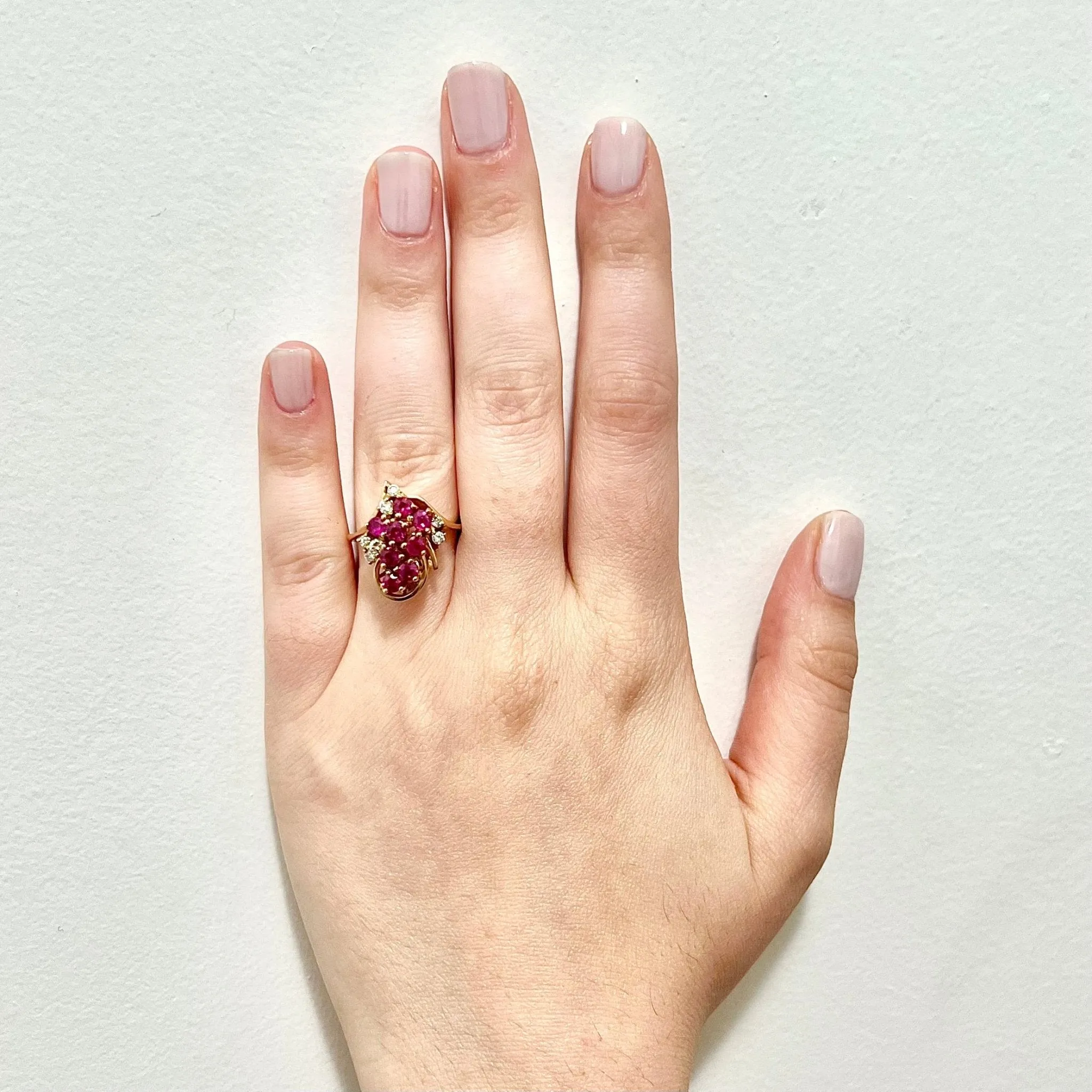 Vintage 14 Karat Yellow Gold Natural Ruby & Diamond Cocktail Ring