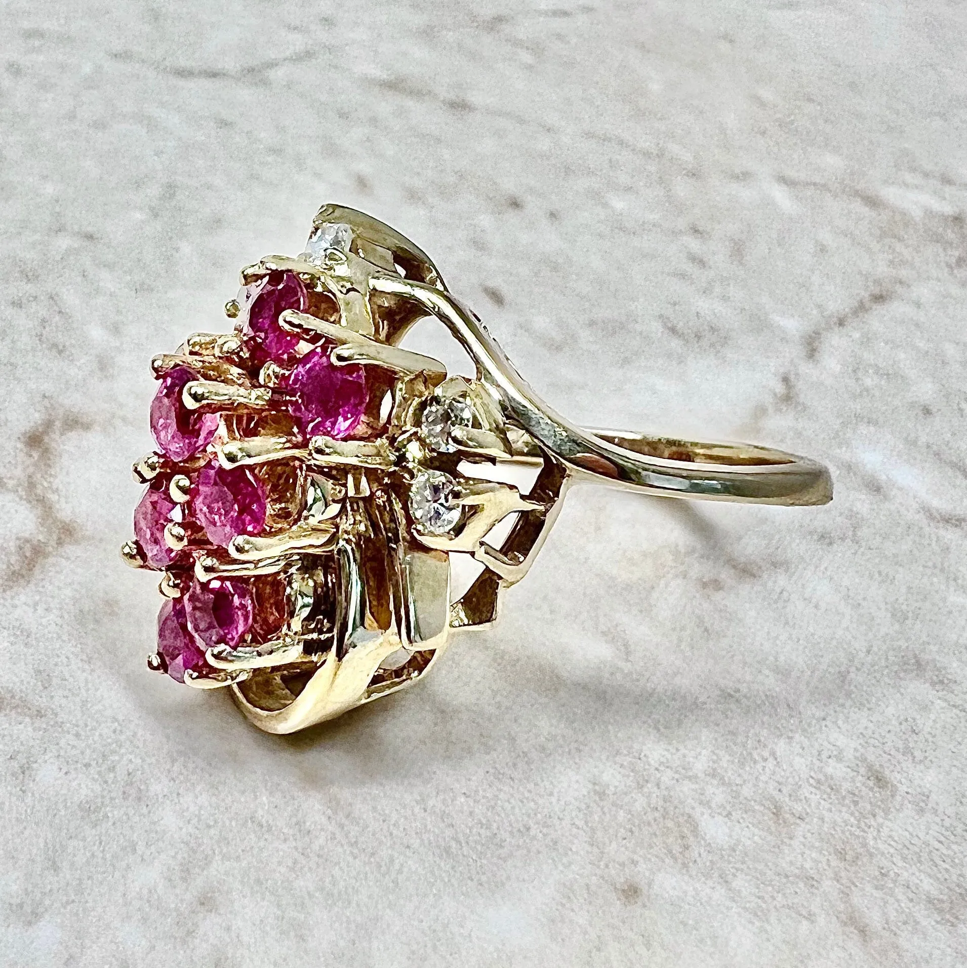 Vintage 14 Karat Yellow Gold Natural Ruby & Diamond Cocktail Ring