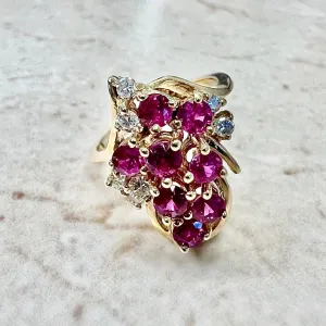 Vintage 14 Karat Yellow Gold Natural Ruby & Diamond Cocktail Ring