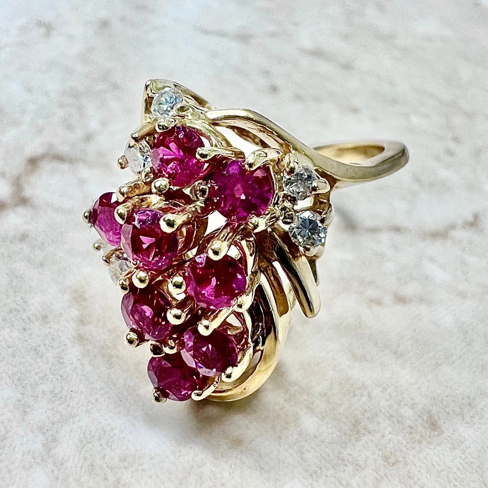 Vintage 14 Karat Yellow Gold Natural Ruby & Diamond Cocktail Ring