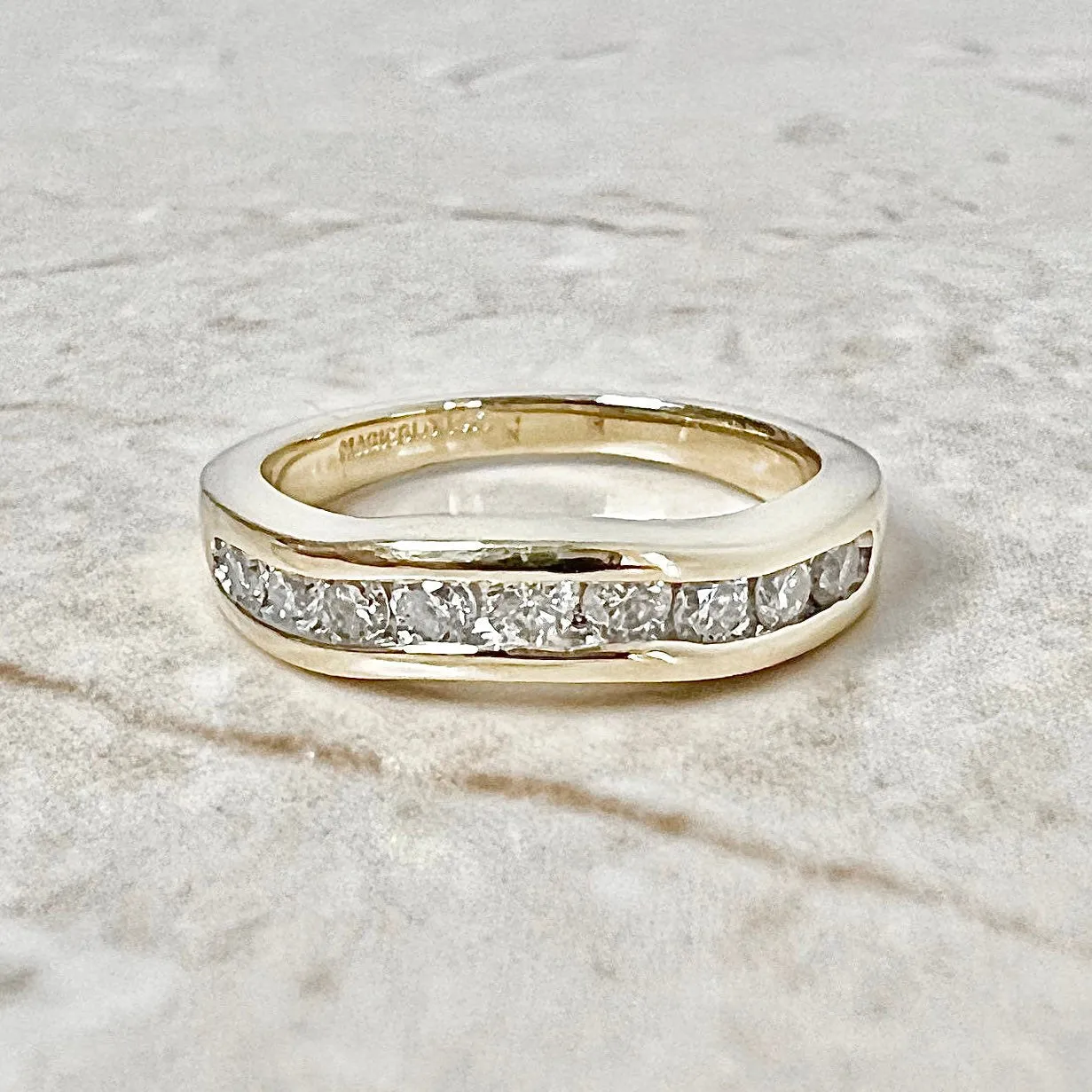 Vintage 14 Karat Yellow Gold Wavy Channel-Set 0.45 Carat Diamond Half-Eternity Band Ring