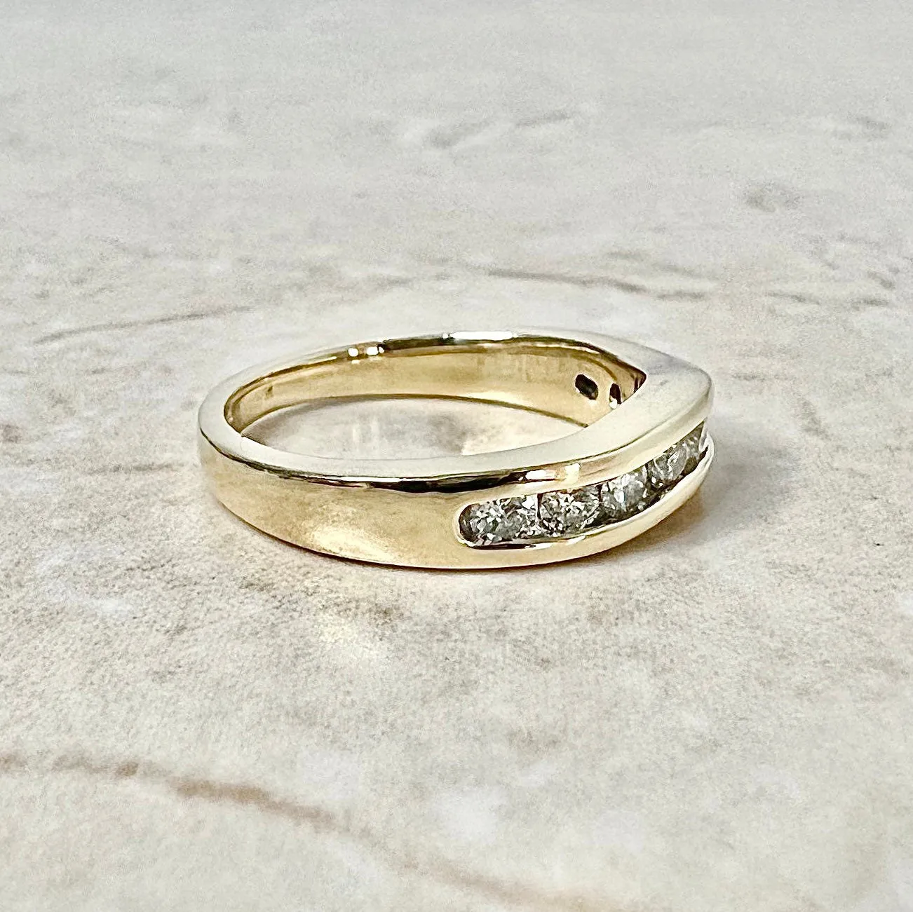 Vintage 14 Karat Yellow Gold Wavy Channel-Set 0.45 Carat Diamond Half-Eternity Band Ring