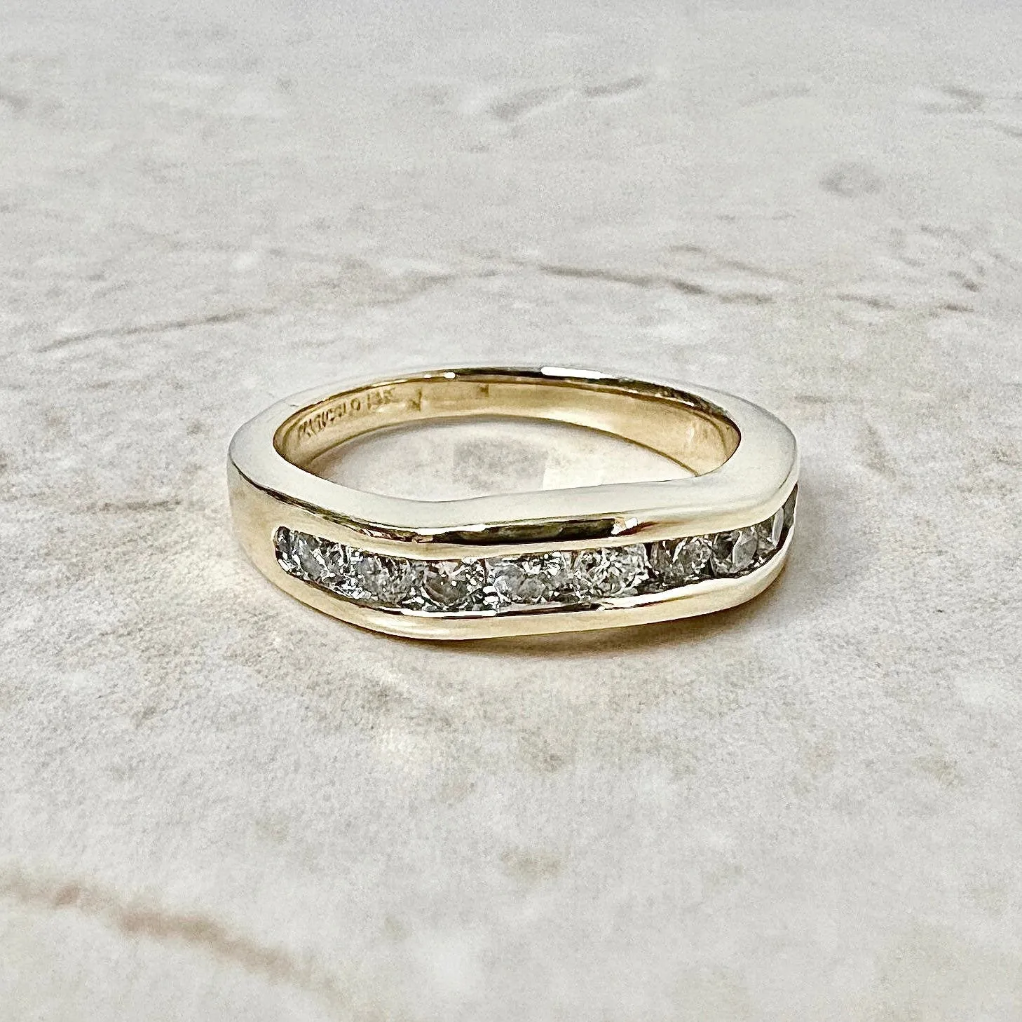 Vintage 14 Karat Yellow Gold Wavy Channel-Set 0.45 Carat Diamond Half-Eternity Band Ring