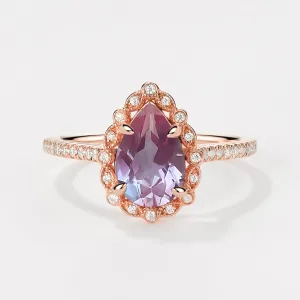 Vintage Pear Lab Alexandrite Antique Halo Ring