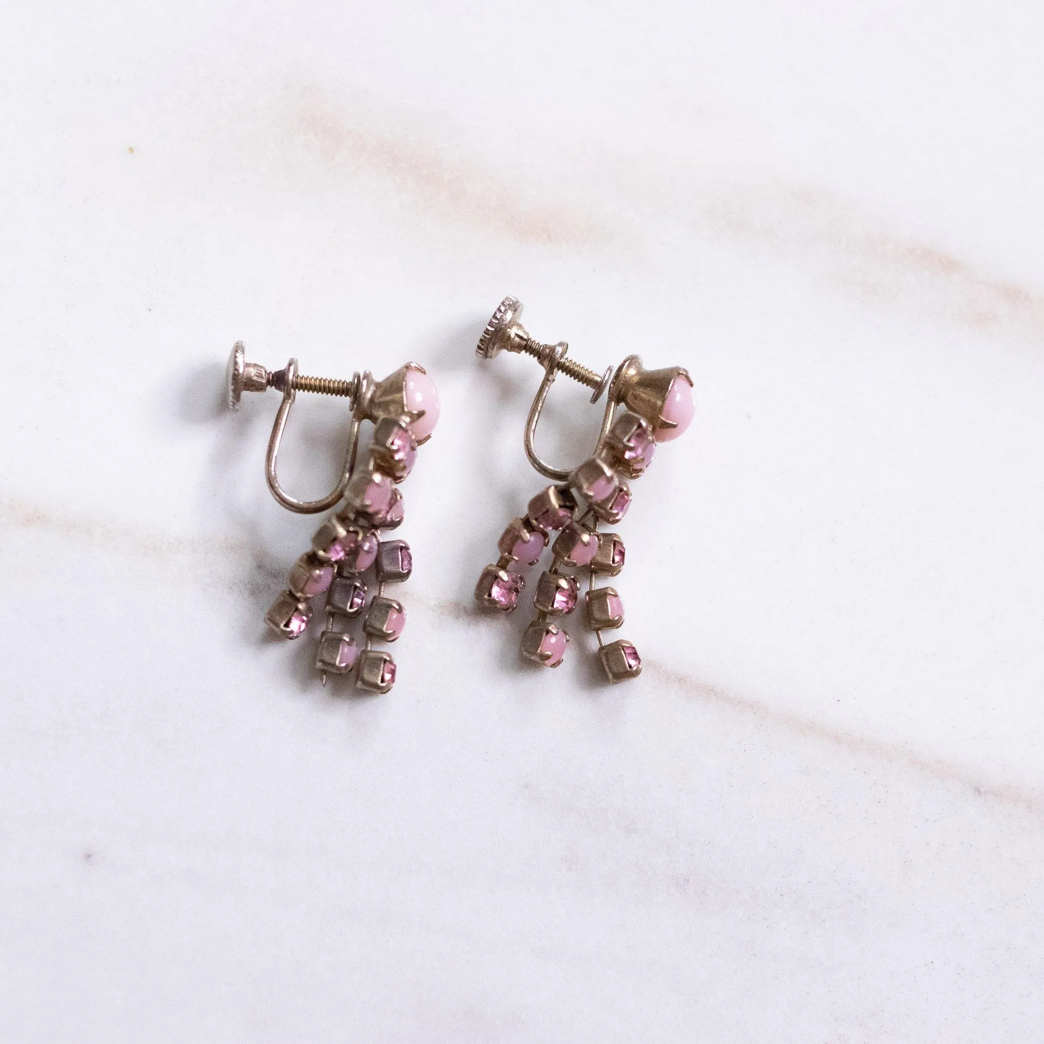 Vintage Pretty Pink Milk Glass and Diamante Rhinestone Tassel Earrings