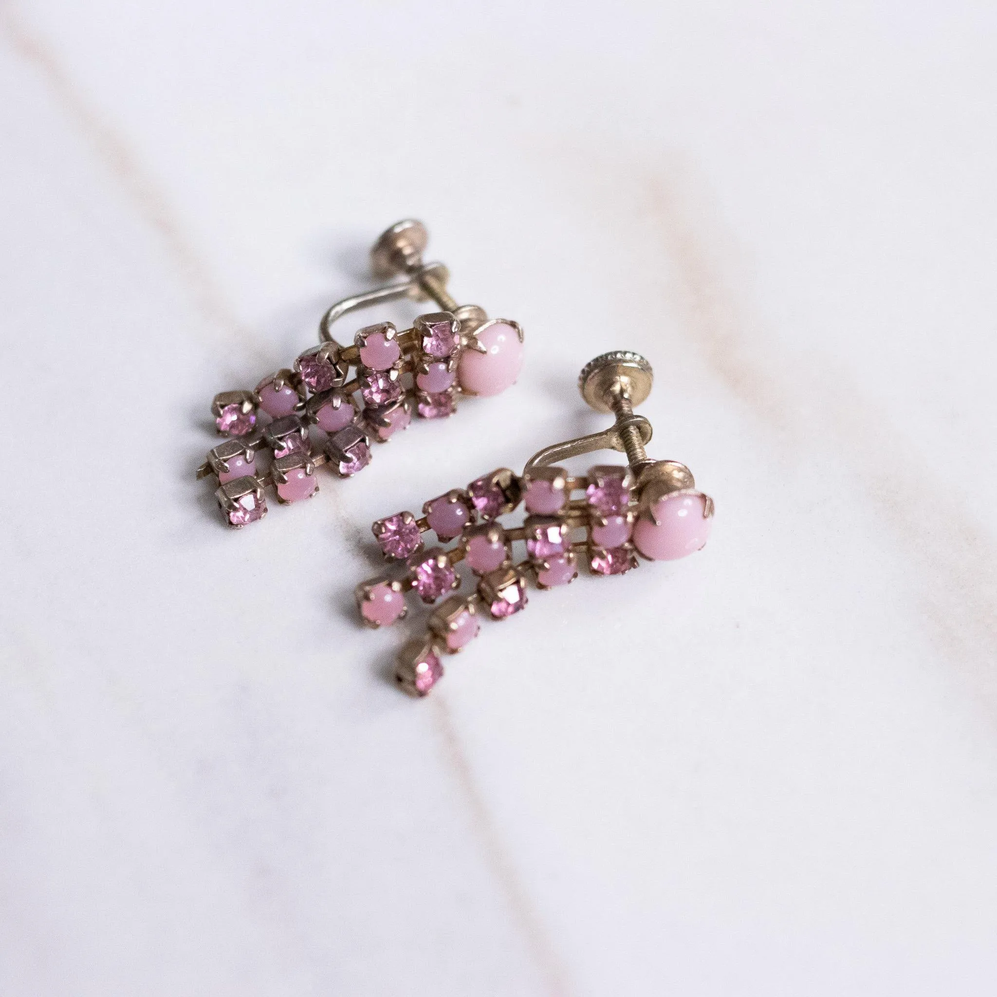 Vintage Pretty Pink Milk Glass and Diamante Rhinestone Tassel Earrings