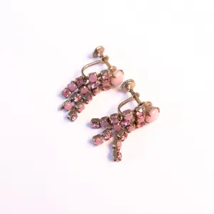 Vintage Pretty Pink Milk Glass and Diamante Rhinestone Tassel Earrings