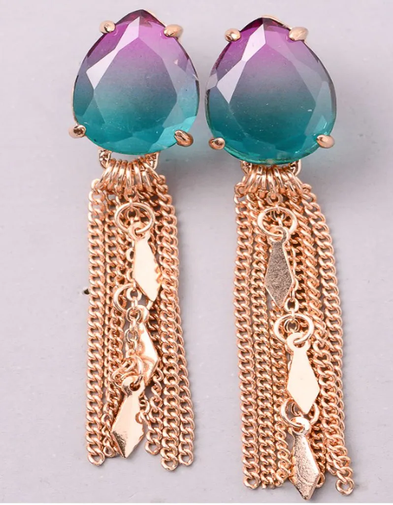 Vintage Snoot Stone Tassel Earrings in Purple/Teal