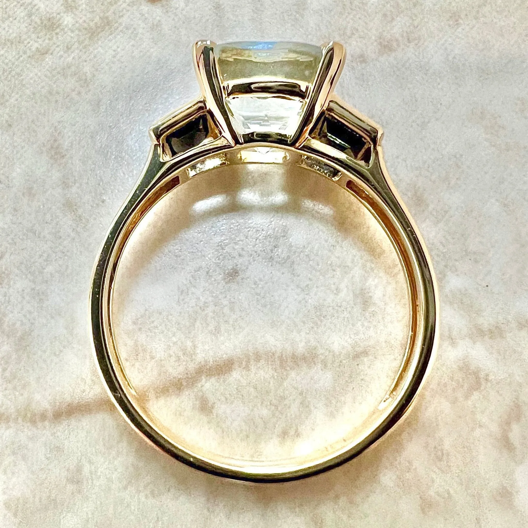 Vintage Style 18 Karat Yellow Gold Aquamarine & Sapphire Three-Stone Ring