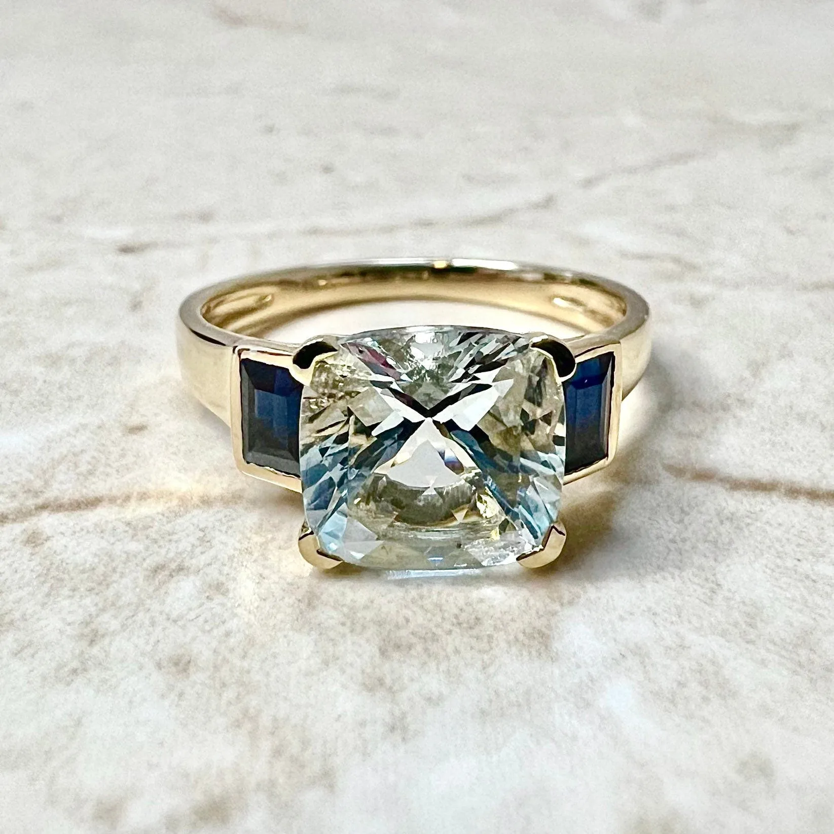 Vintage Style 18 Karat Yellow Gold Aquamarine & Sapphire Three-Stone Ring