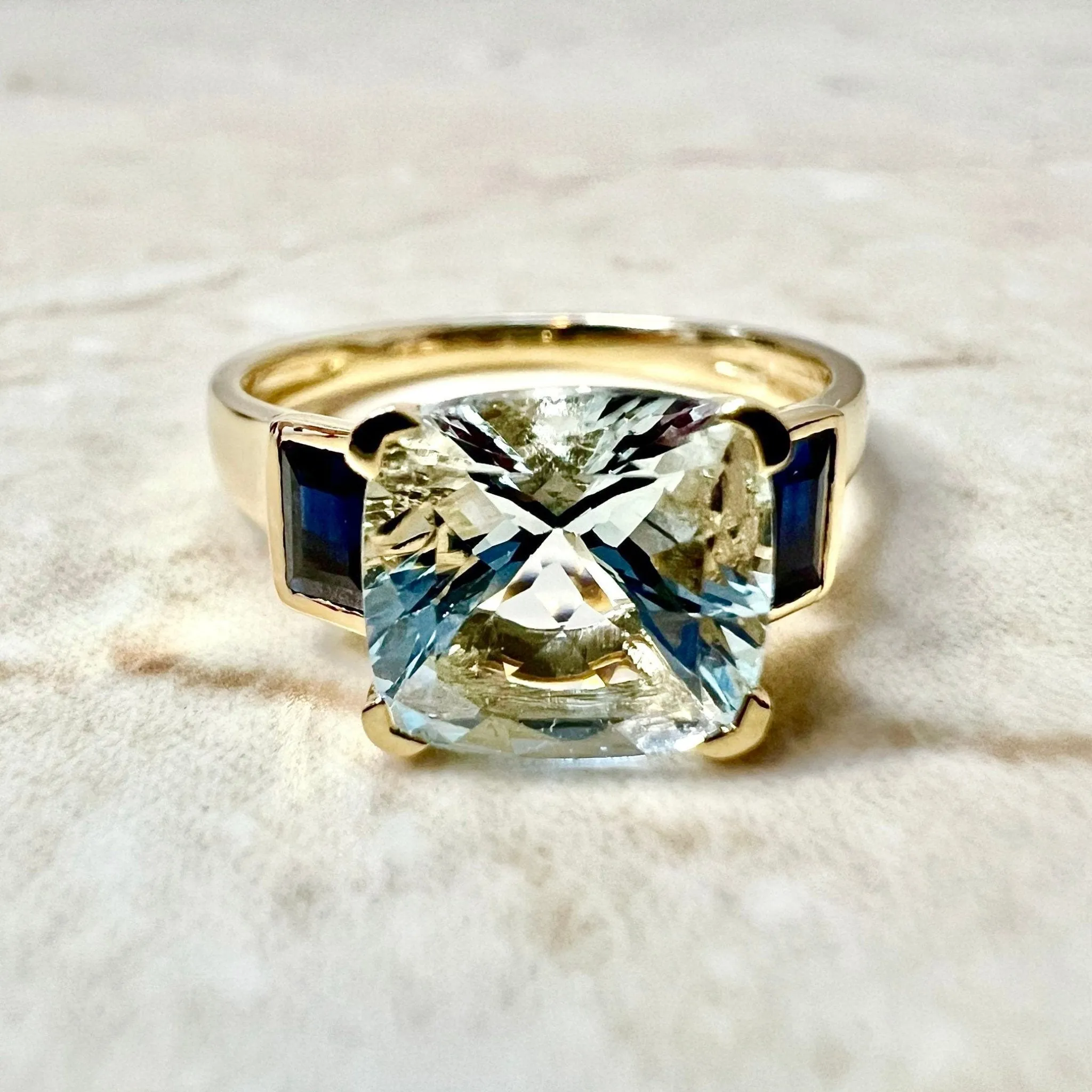 Vintage Style 18 Karat Yellow Gold Aquamarine & Sapphire Three-Stone Ring
