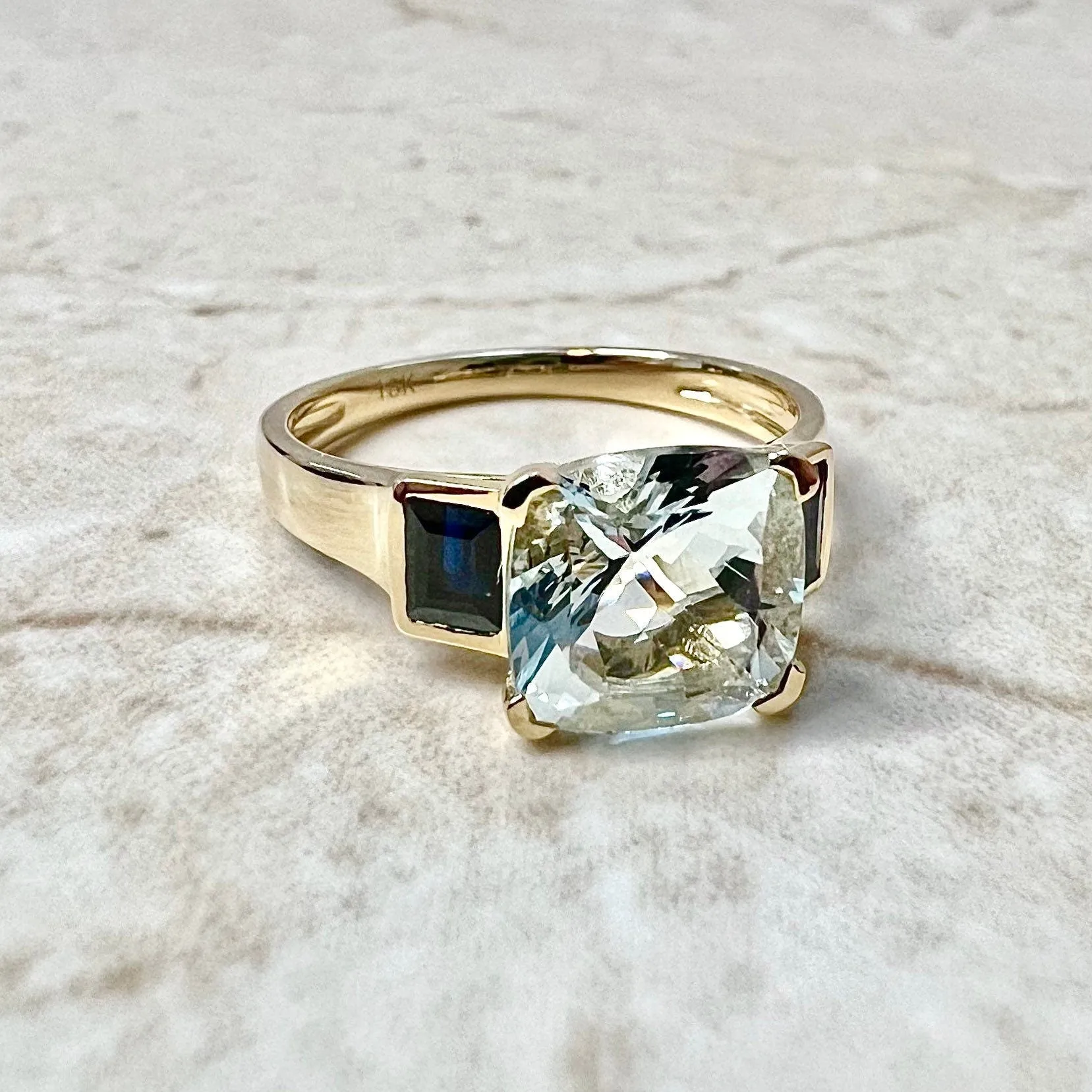 Vintage Style 18 Karat Yellow Gold Aquamarine & Sapphire Three-Stone Ring