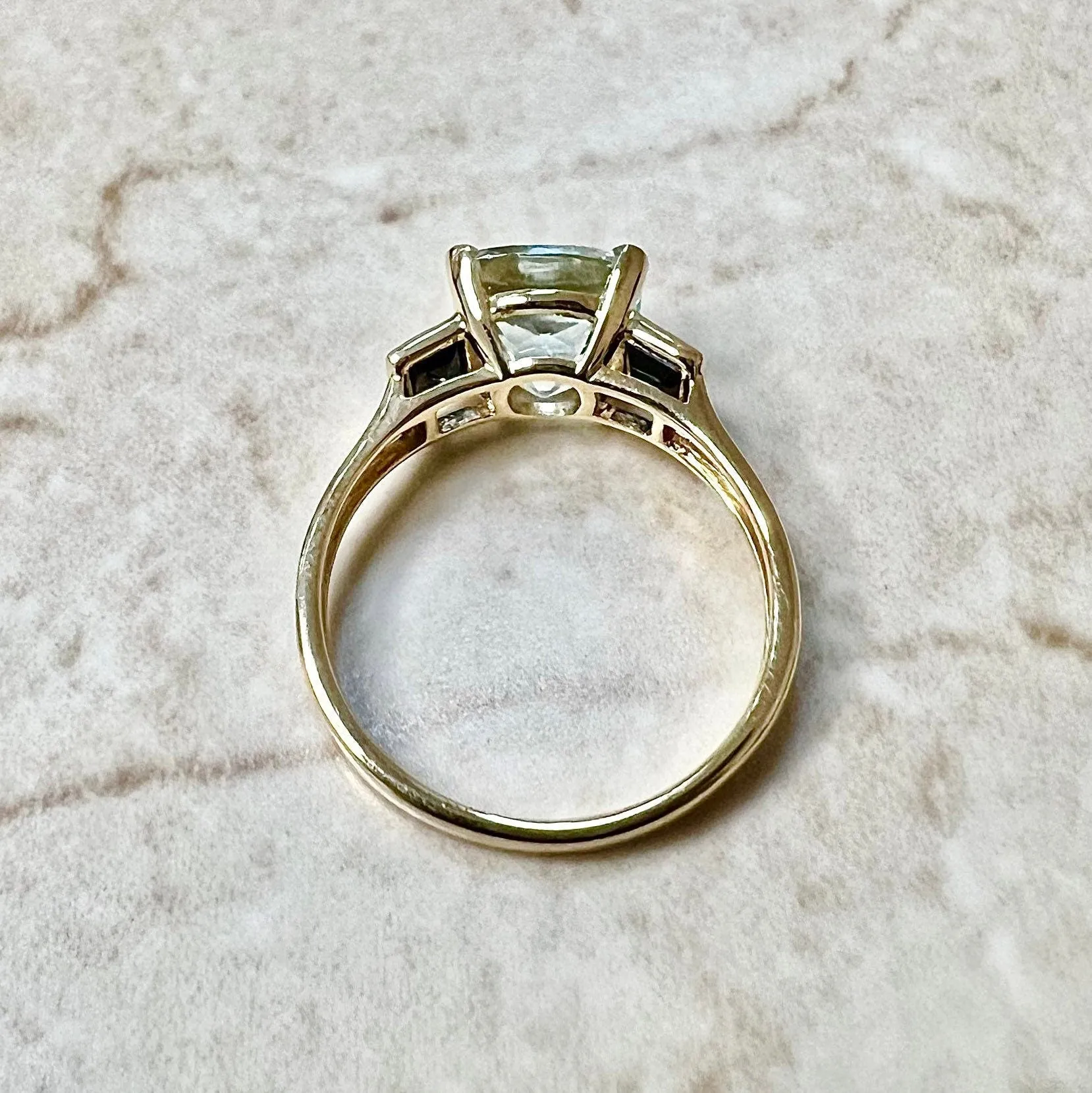 Vintage Style 18 Karat Yellow Gold Aquamarine & Sapphire Three-Stone Ring