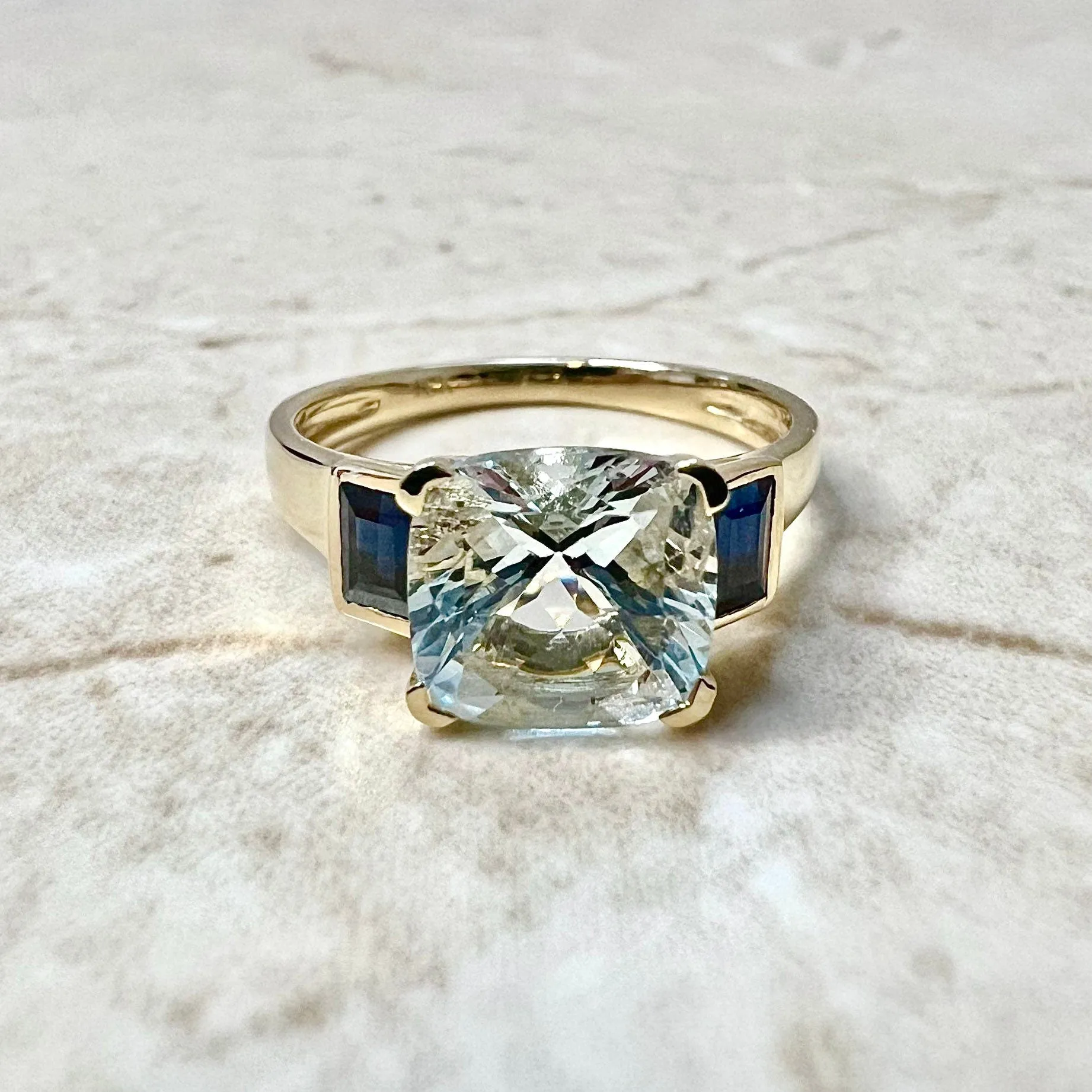 Vintage Style 18 Karat Yellow Gold Aquamarine & Sapphire Three-Stone Ring
