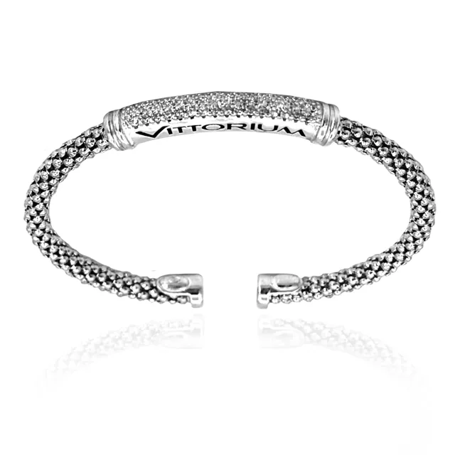 Vittorium Silver Medium Mesh Bangle with CZ Diamonds
