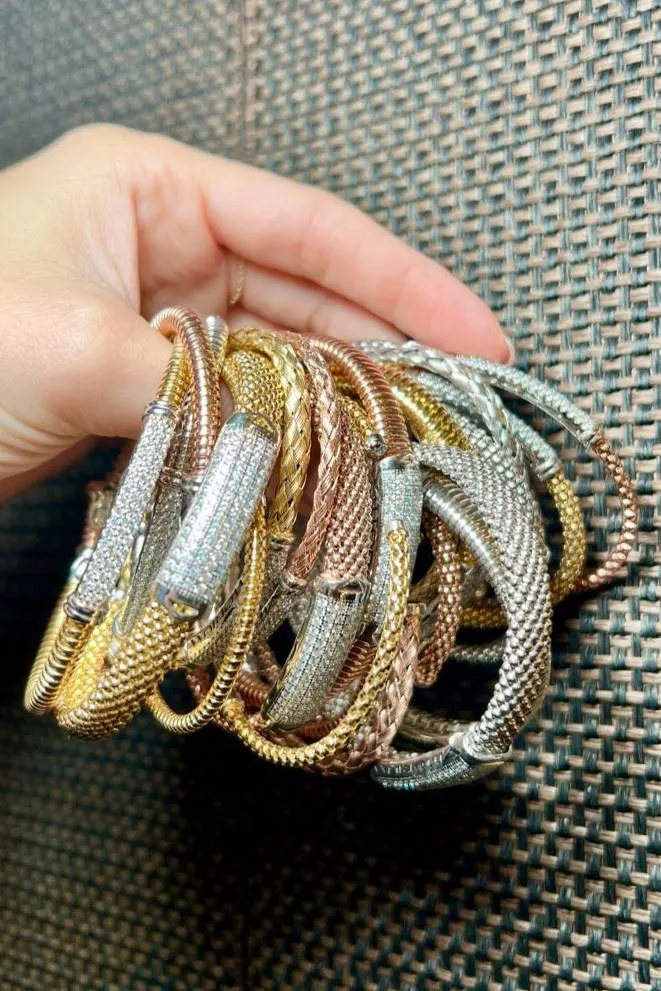 Vittorium Yellow Gold Medium Mesh Bangle with CZ Diamonds