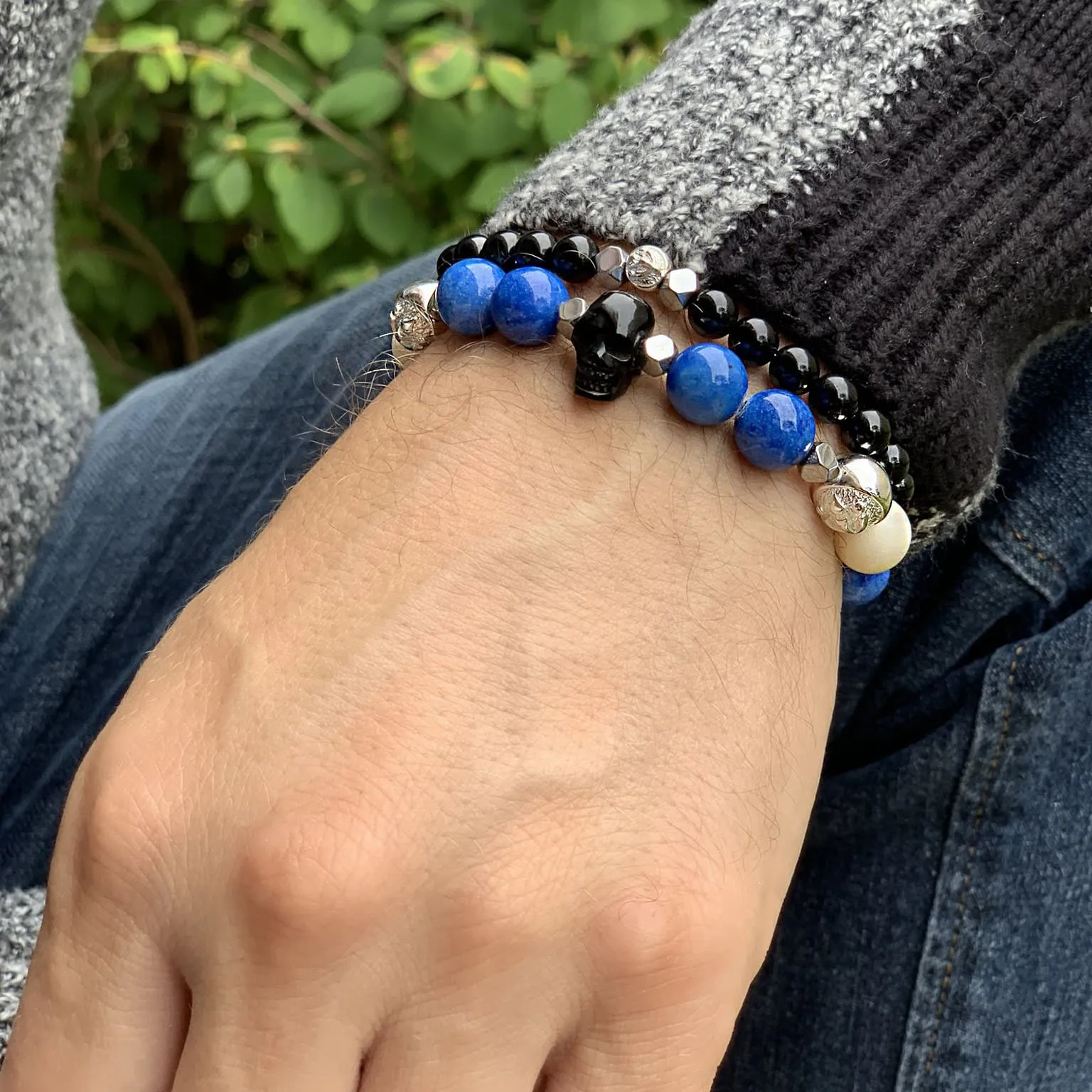 Warrior - Blue Jade Bracelet with Horn Skull and Ox Bone in Silver | 10MM