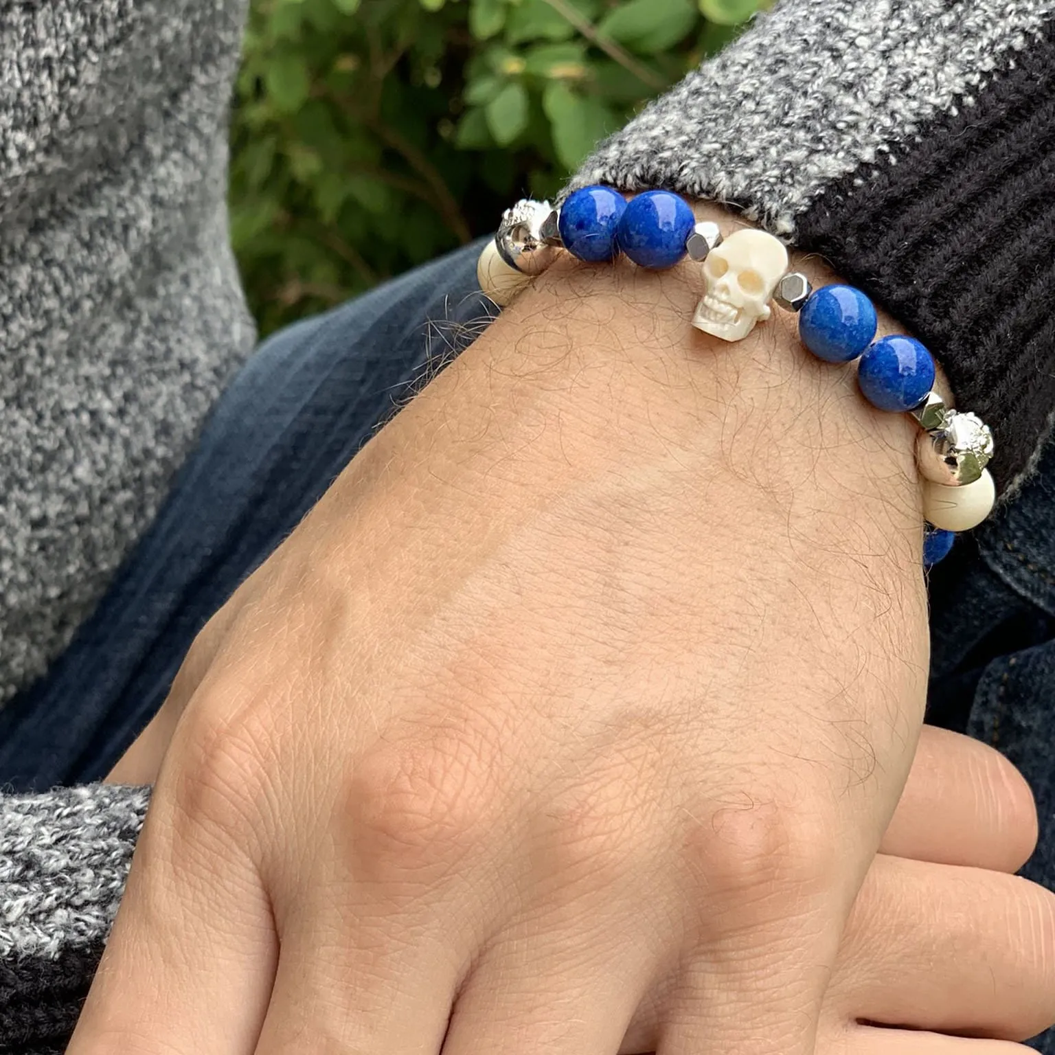 Warrior - Blue Jade Bracelet with Horn Skull and Ox Bone in Silver | 10MM