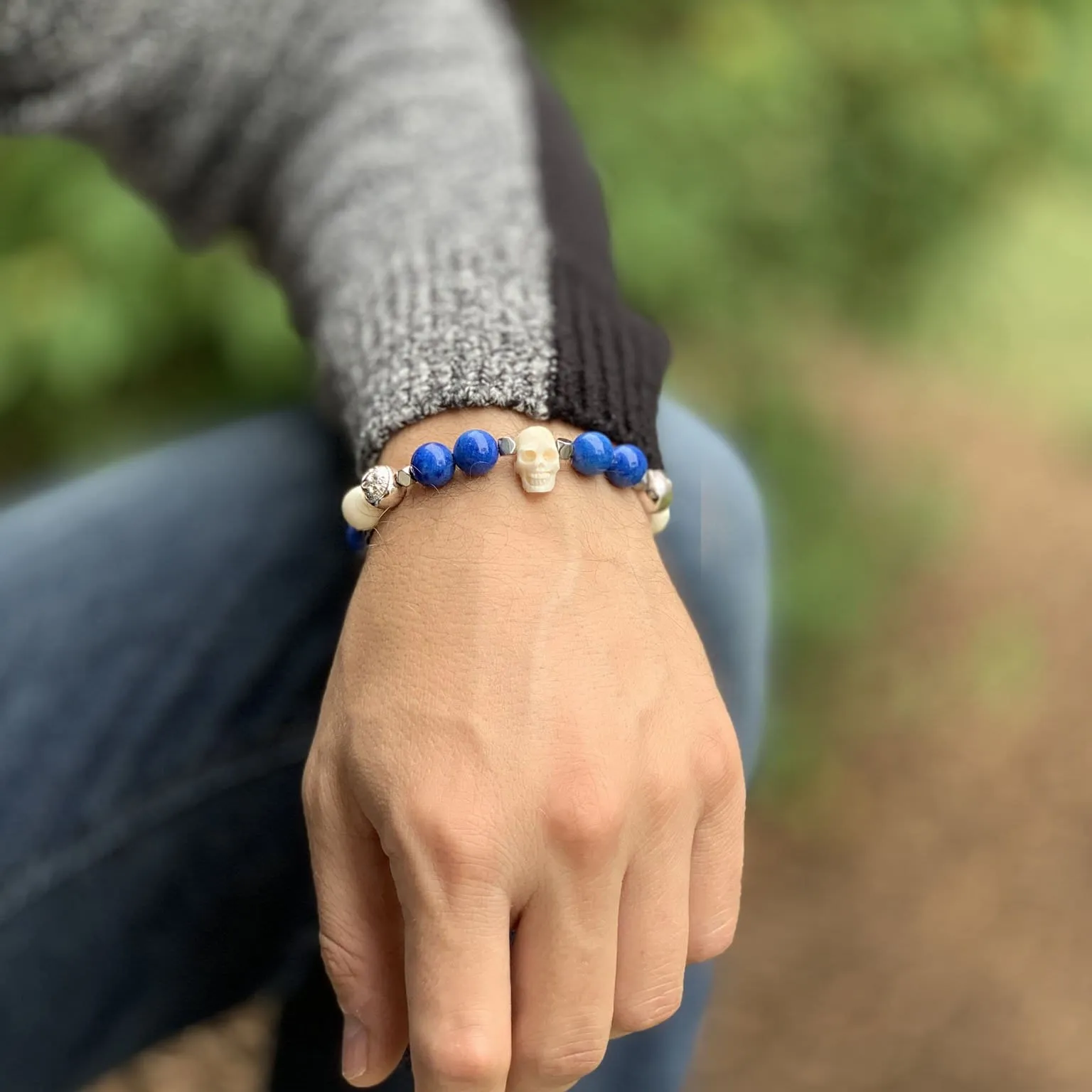 Warrior - Blue Jade Bracelet with Horn Skull and Ox Bone in Silver | 10MM