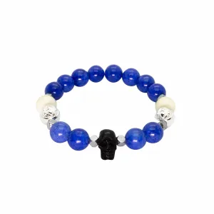 Warrior - Blue Jade Bracelet with Horn Skull and Ox Bone in Silver | 10MM