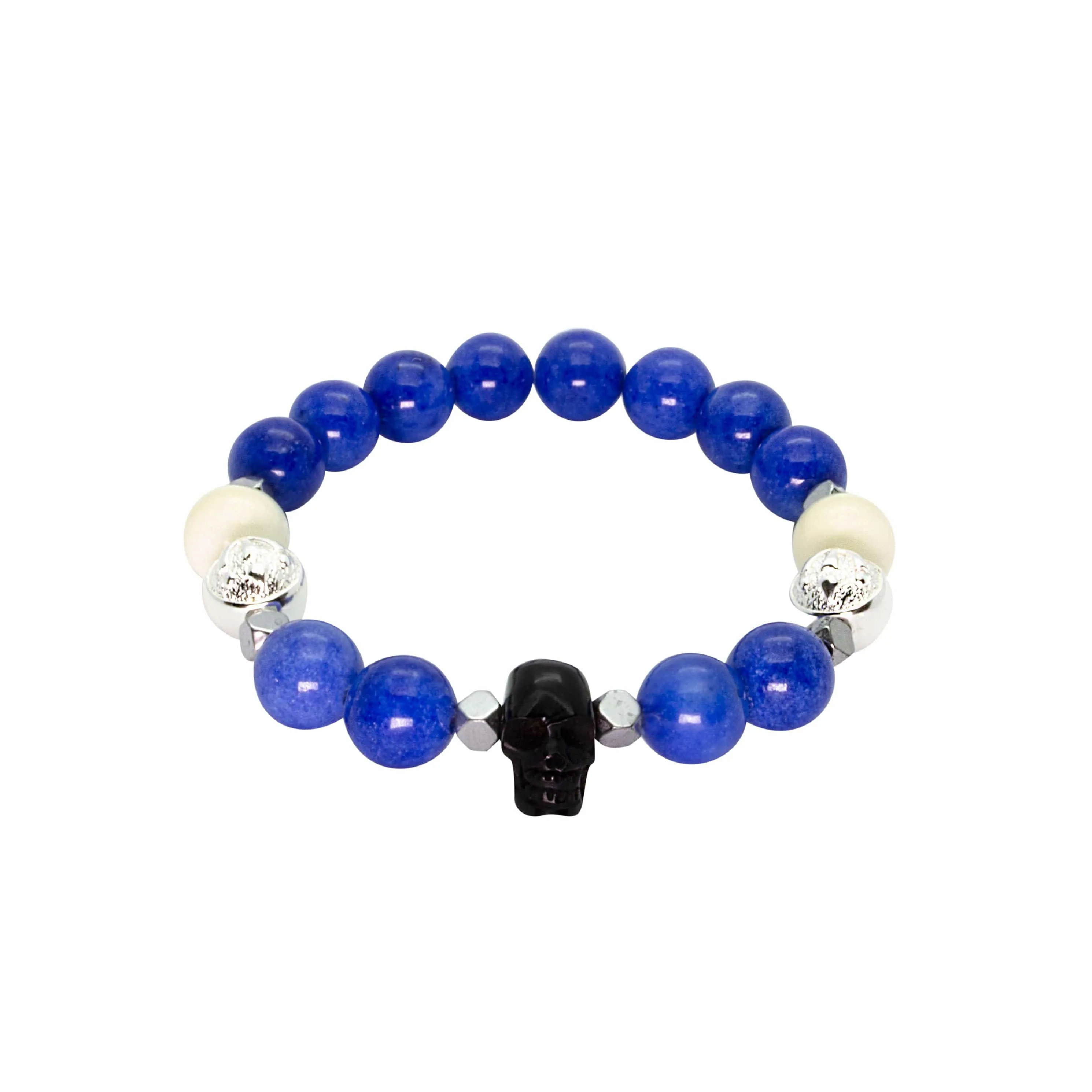 Warrior - Blue Jade Bracelet with Horn Skull and Ox Bone in Silver | 10MM