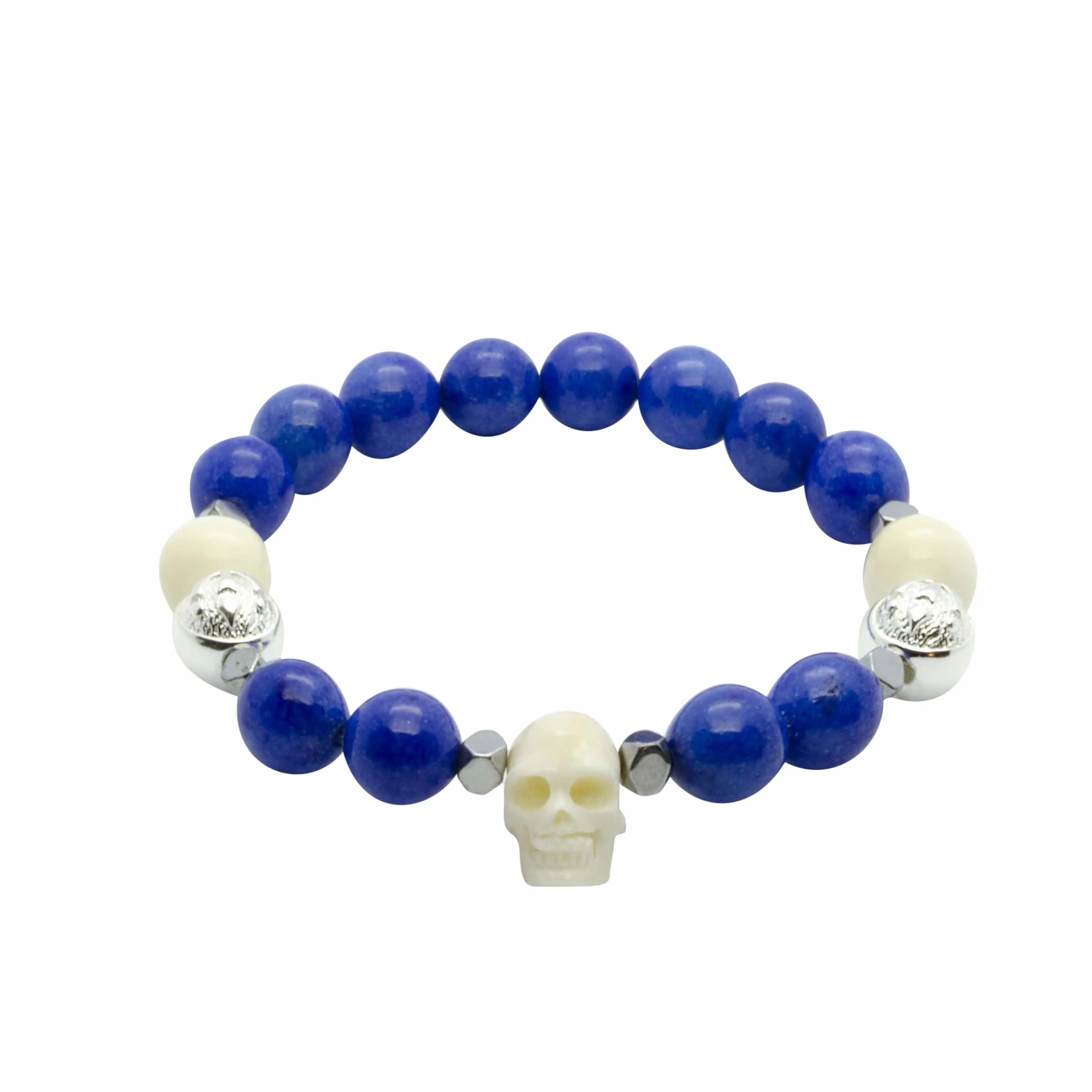 Warrior - Blue Jade Bracelet with Horn Skull and Ox Bone in Silver | 10MM