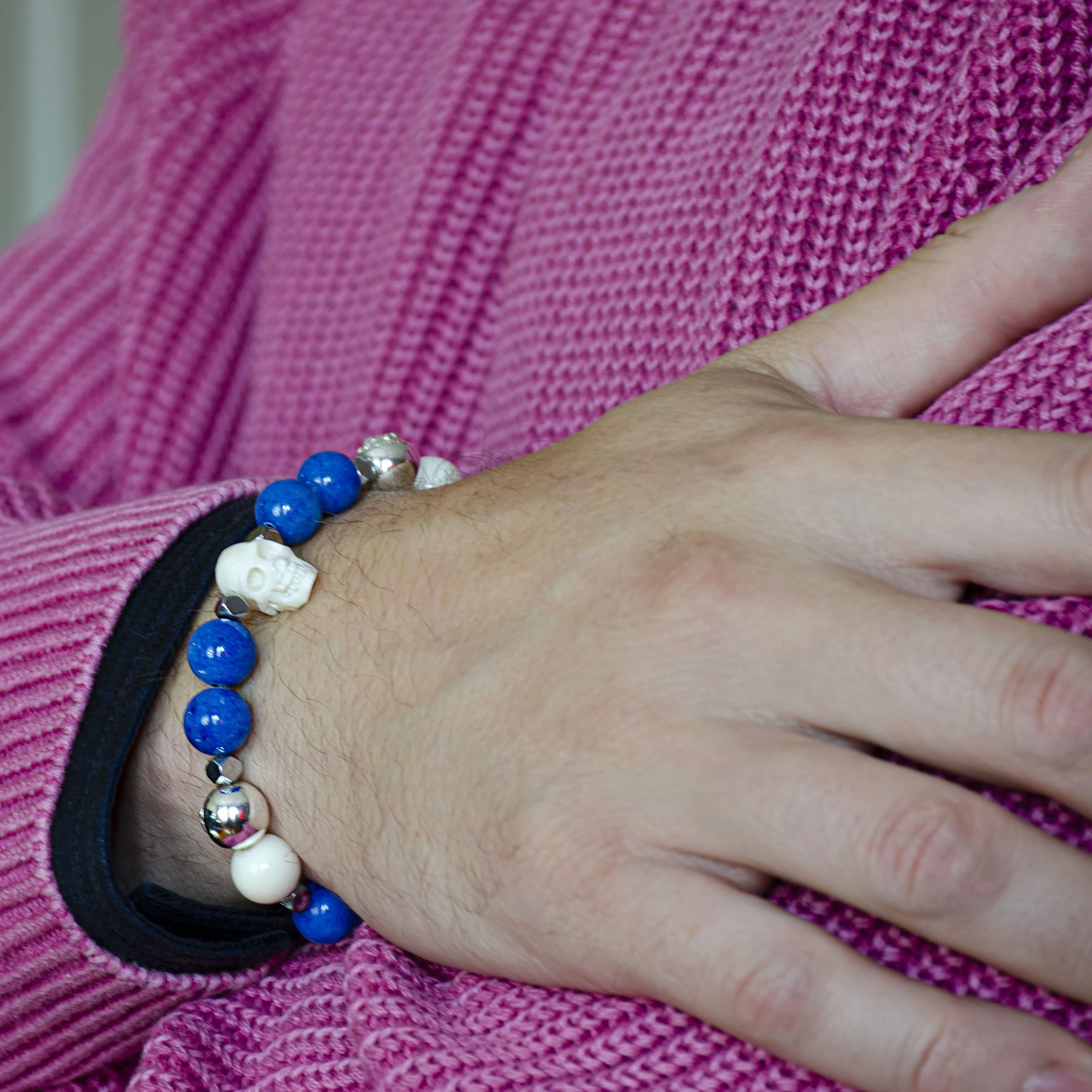 Warrior - Blue Jade Bracelet with Horn Skull and Ox Bone in Silver | 10MM