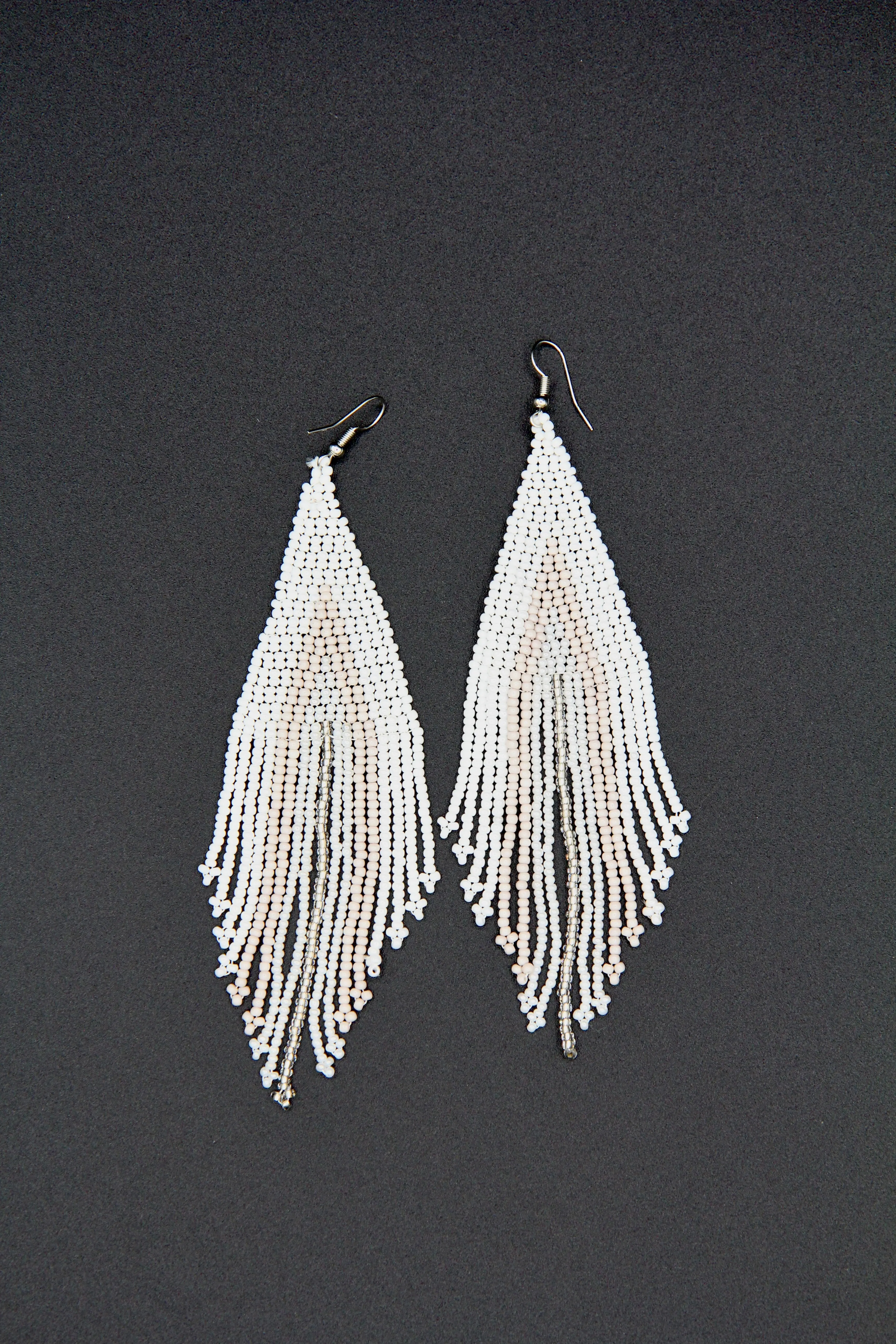 White and Grey Beaded Tassel Earrings