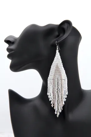 White and Grey Beaded Tassel Earrings