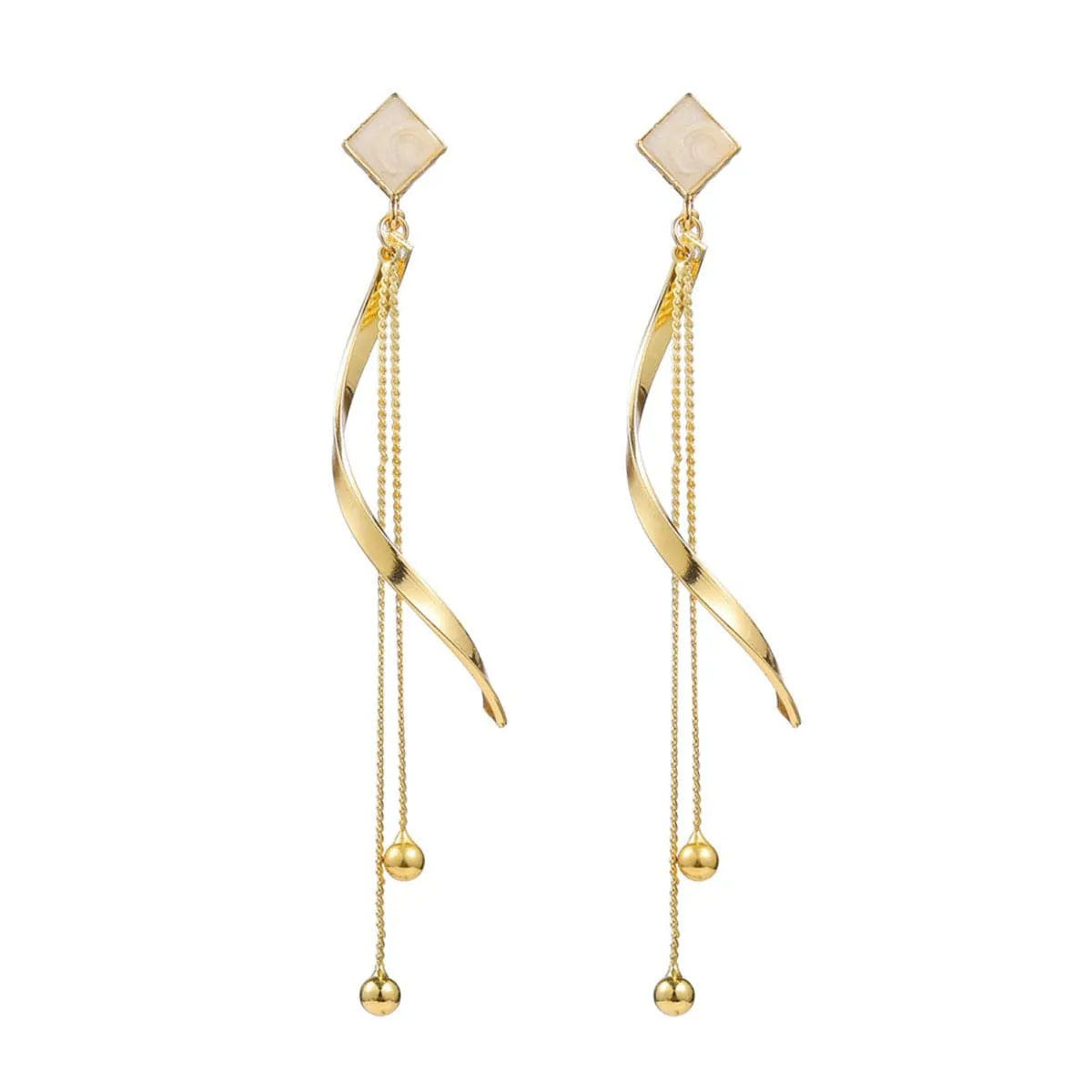 White Enamel & 18K Gold-Plated Rhombus Twisted Tassel Drop Earrings