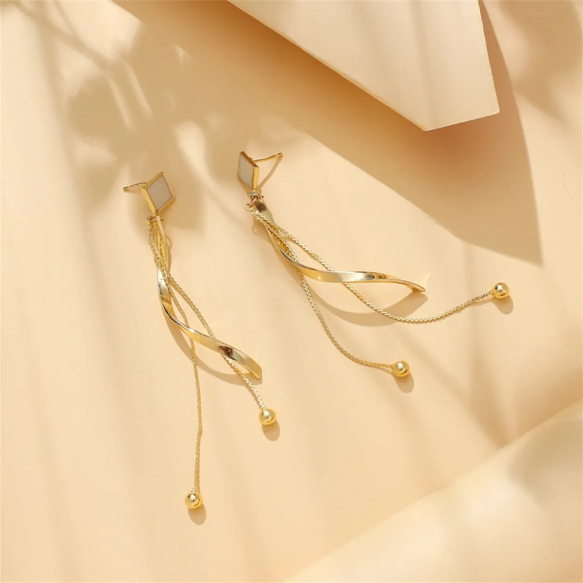 White Enamel & 18K Gold-Plated Rhombus Twisted Tassel Drop Earrings