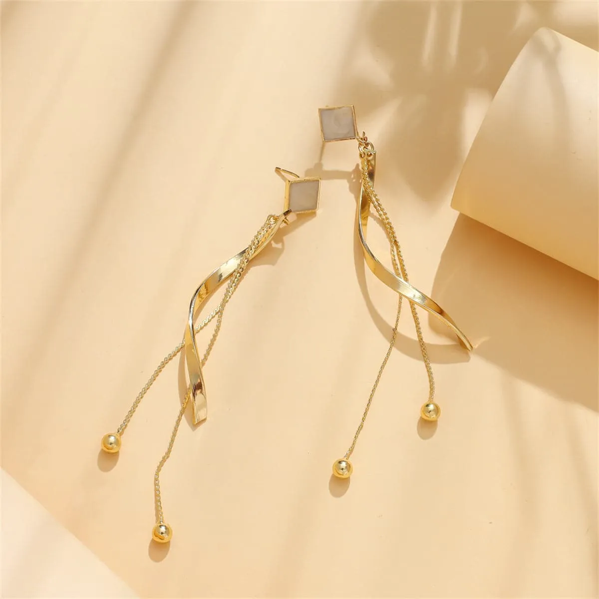 White Enamel & 18K Gold-Plated Rhombus Twisted Tassel Drop Earrings