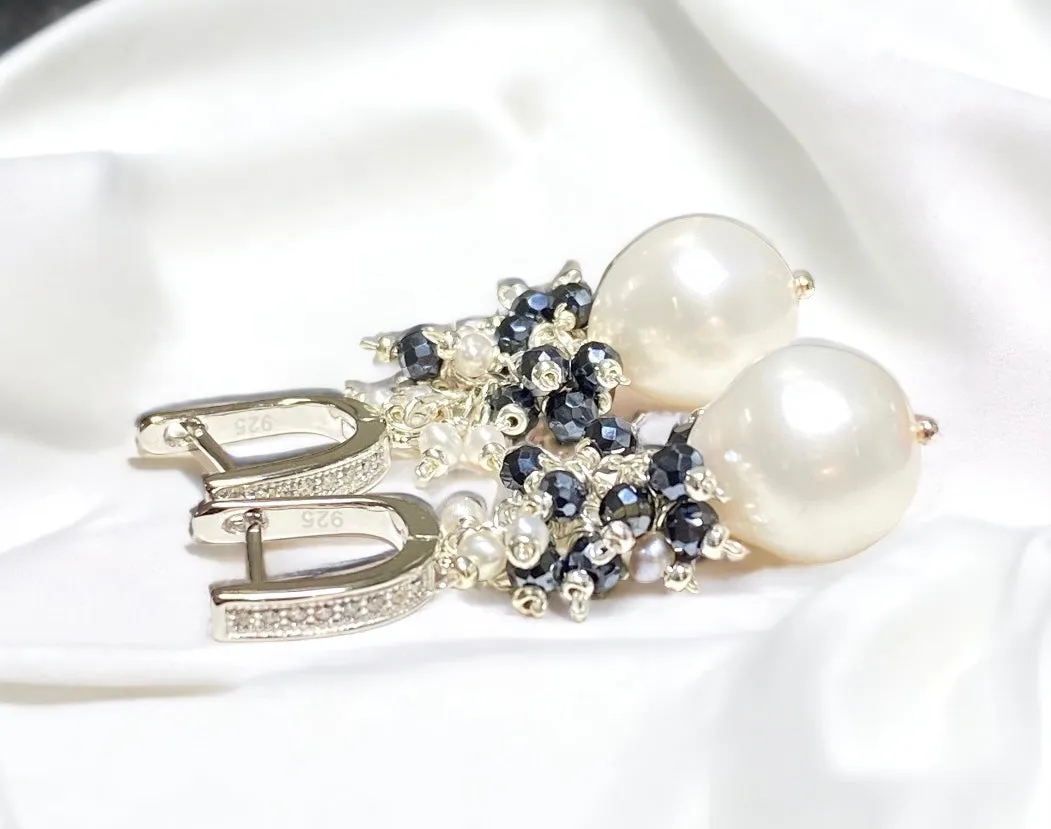 White Pearl Black Spinel Cluster Earrings Sterling Silver