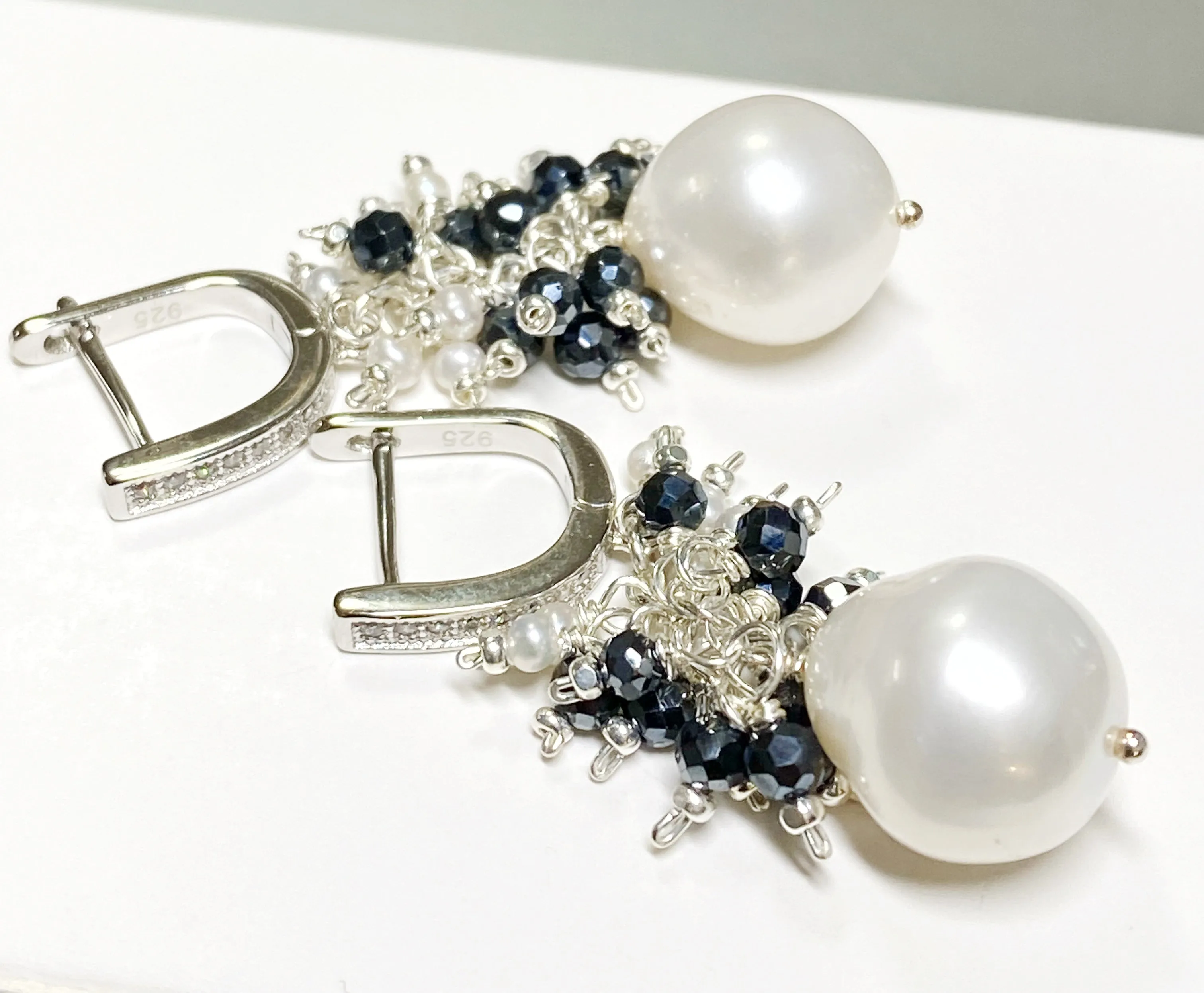 White Pearl Black Spinel Cluster Earrings Sterling Silver