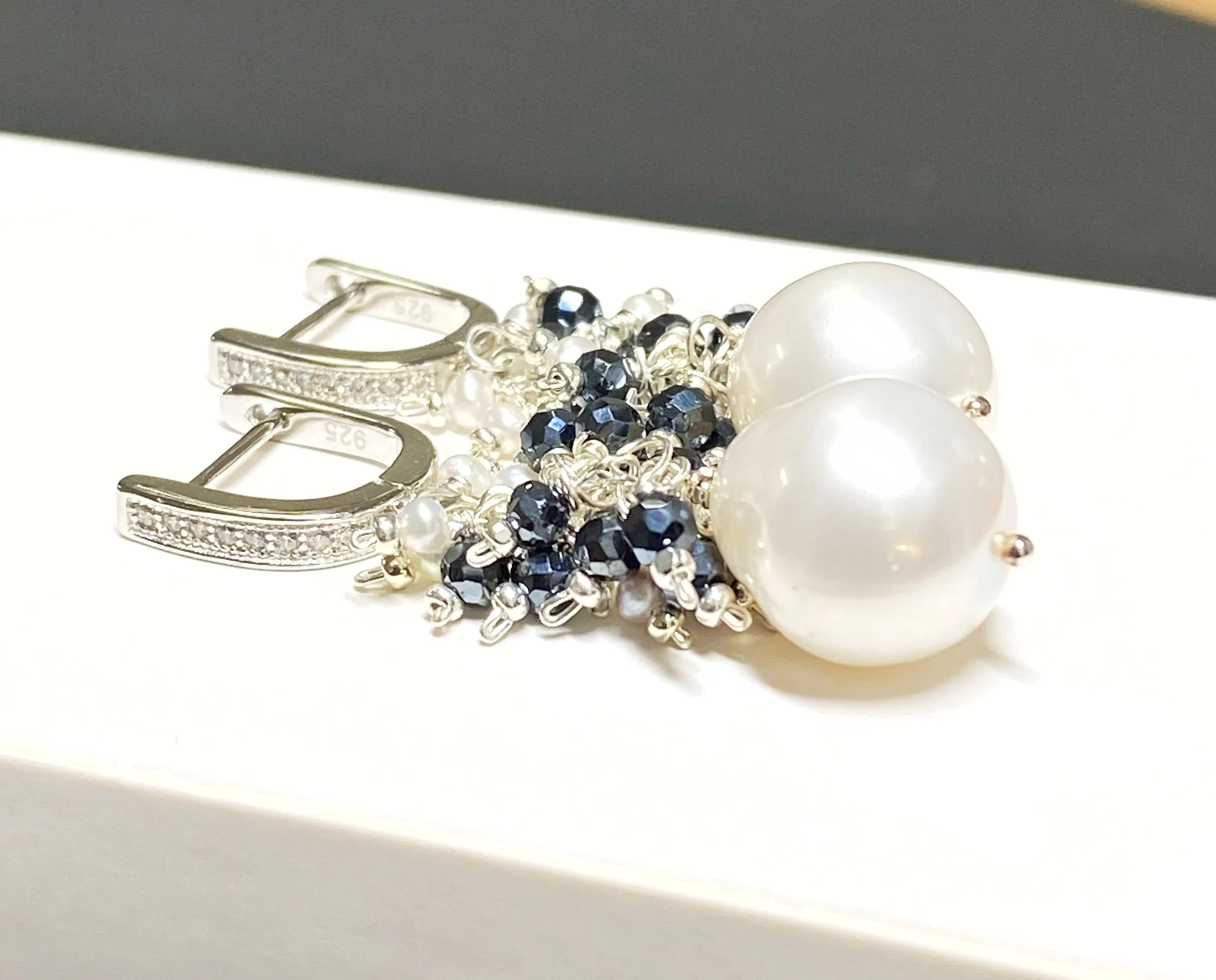 White Pearl Black Spinel Cluster Earrings Sterling Silver
