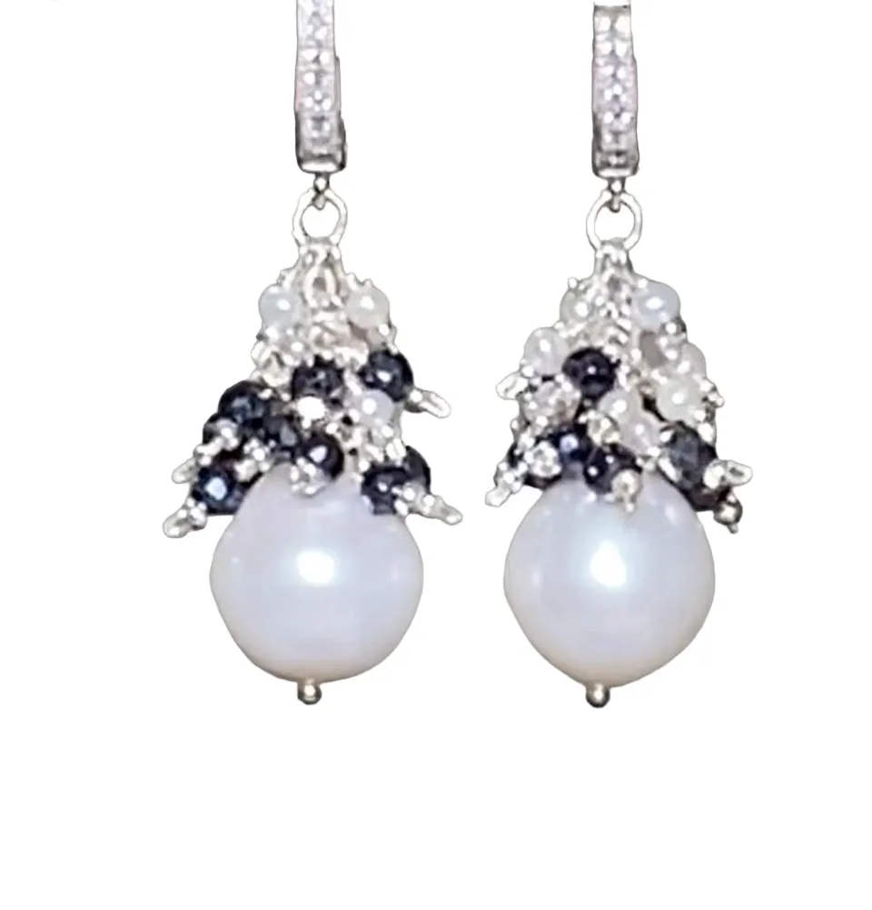 White Pearl Black Spinel Cluster Earrings Sterling Silver
