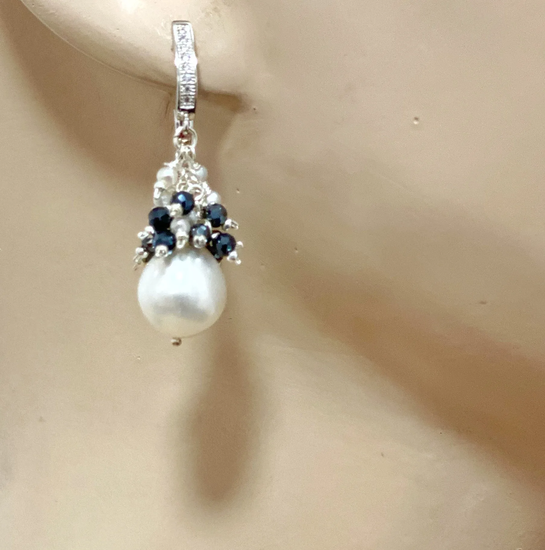 White Pearl Black Spinel Cluster Earrings Sterling Silver
