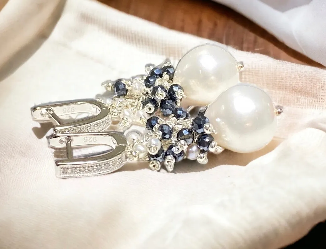 White Pearl Black Spinel Cluster Earrings Sterling Silver
