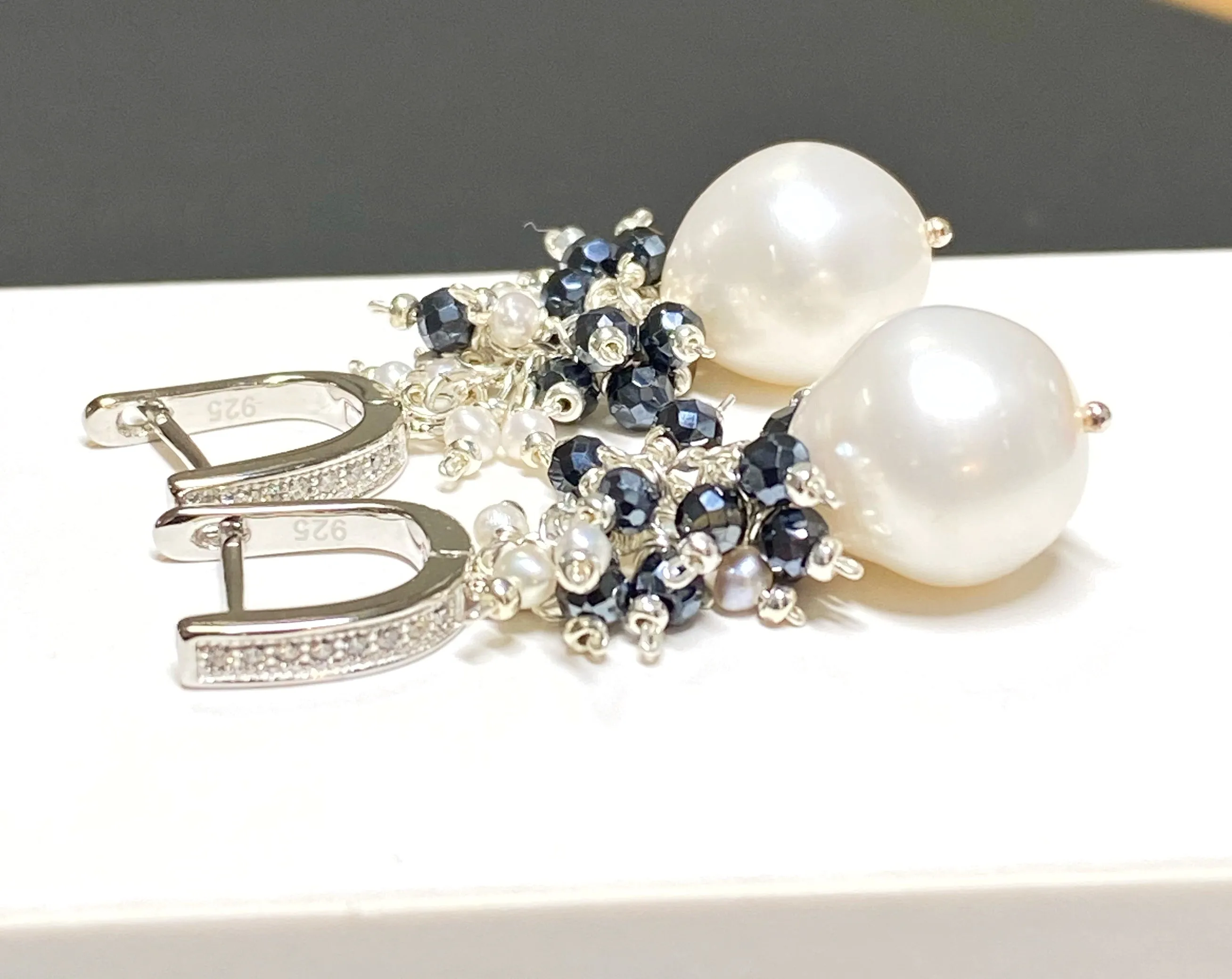 White Pearl Black Spinel Cluster Earrings Sterling Silver