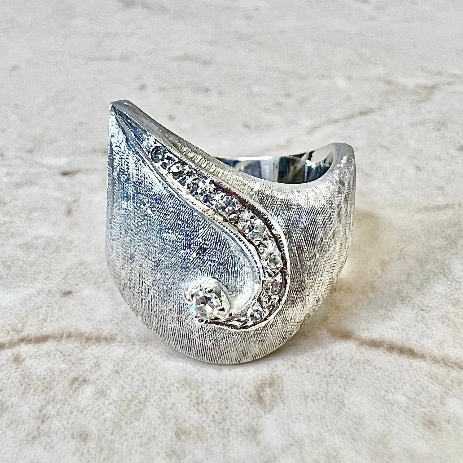 Wide Vintage Handcrafted 14 Karat White Gold Diamond Band Ring