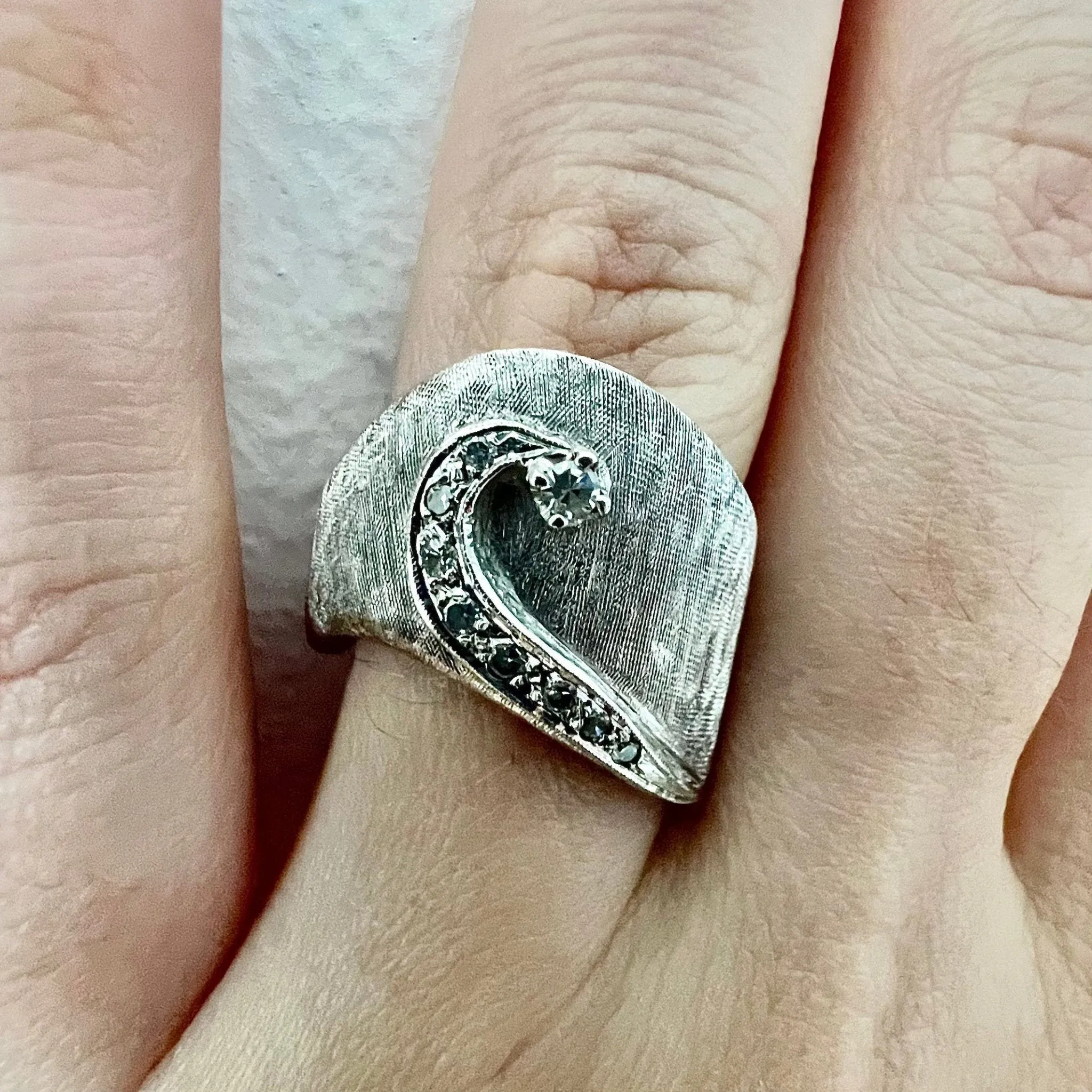 Wide Vintage Handcrafted 14 Karat White Gold Diamond Band Ring