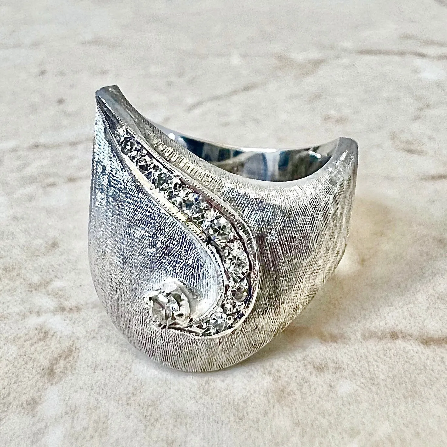 Wide Vintage Handcrafted 14 Karat White Gold Diamond Band Ring
